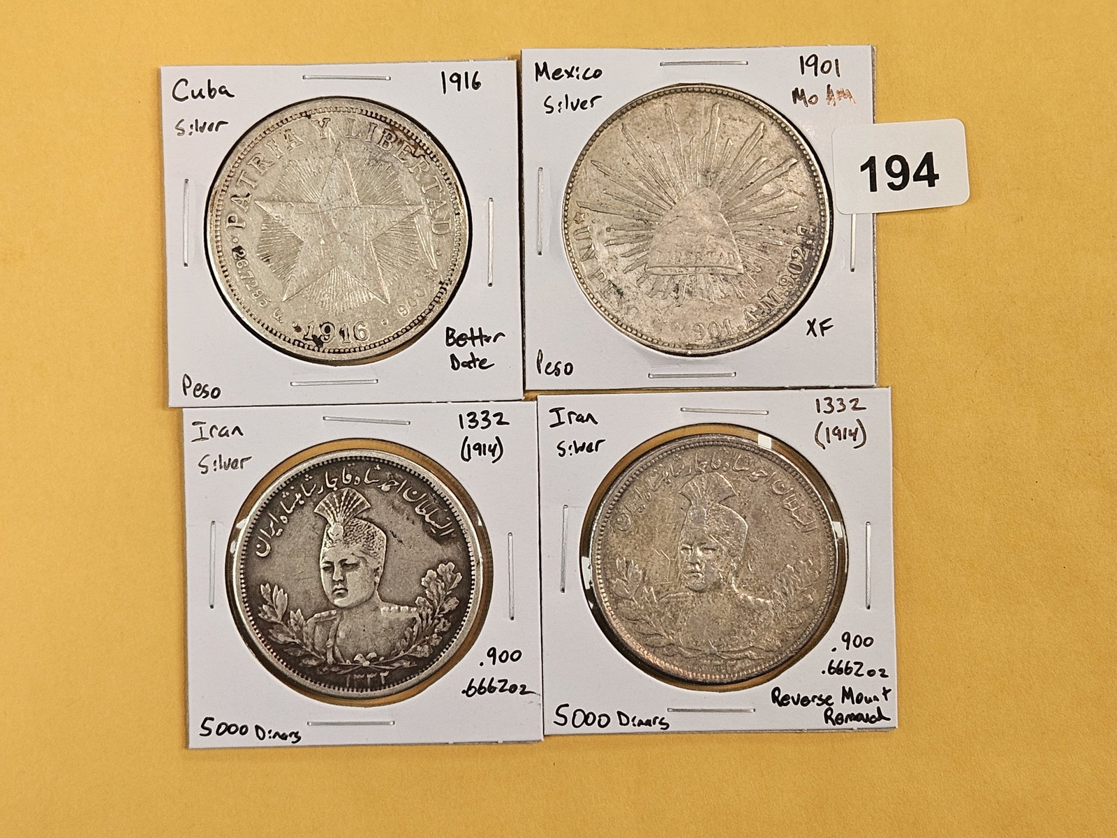 Four nice, Crown-Sized, Silver, World coins: All identified by date, denomination and KM number. All in 2x2's