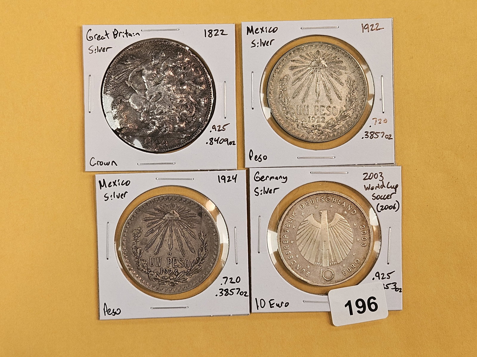 Four more, mixed, Silver, World Coins: All identified by date, denomination and KM number. All in 2x2's