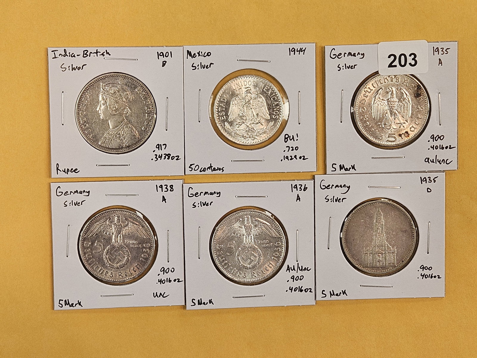 Six nice, mixed, silver, World Coins (1 of 3)