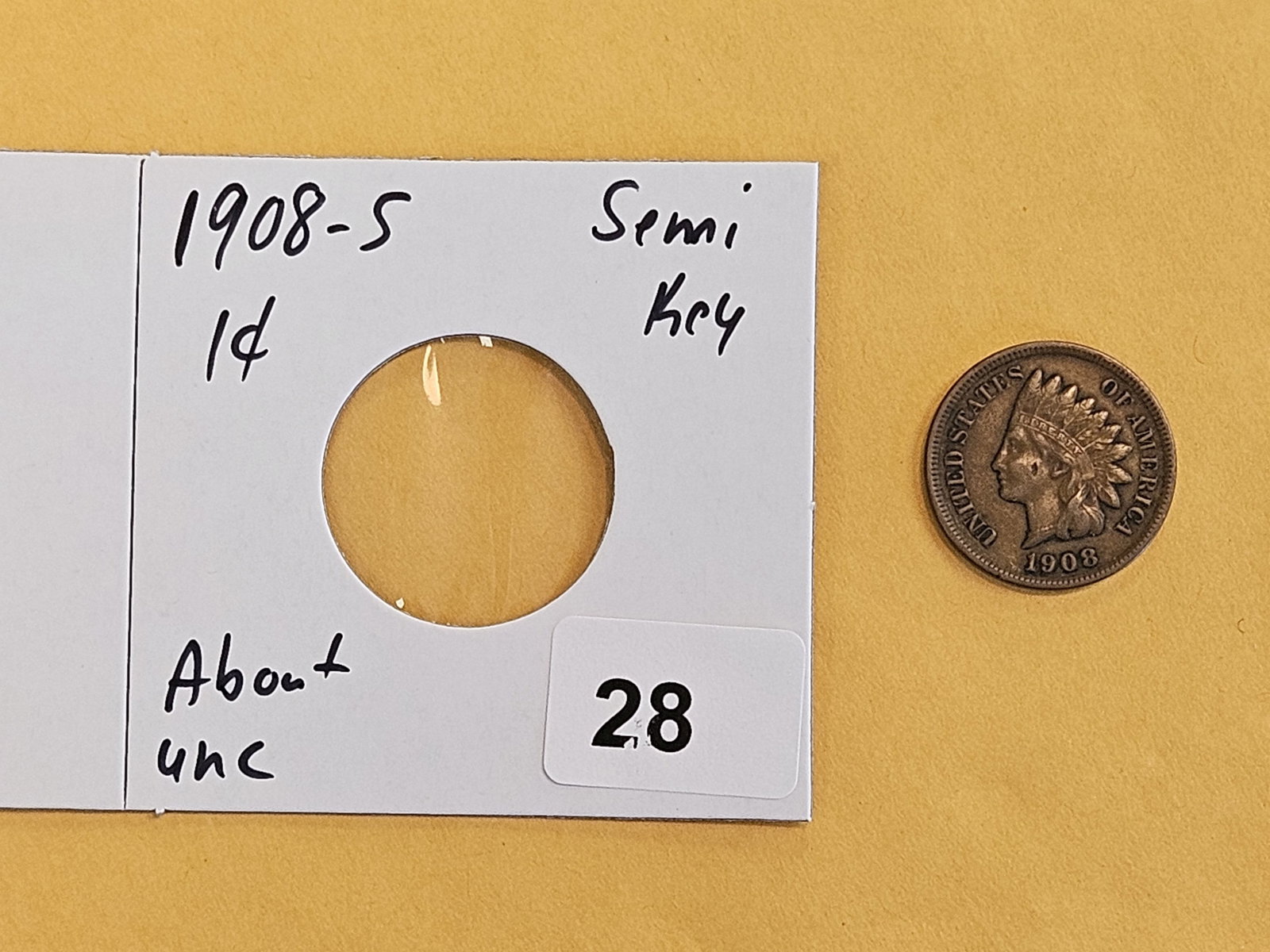 * Semi-key 1908-S Indian Cent in About Uncirculated - 2