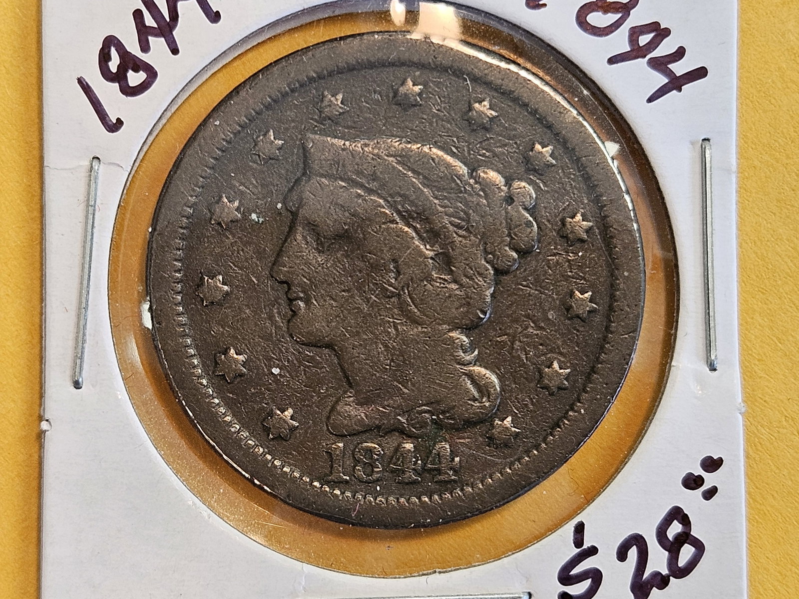 1844 Braided Hair large Cent: The 44 in the date is repunched 