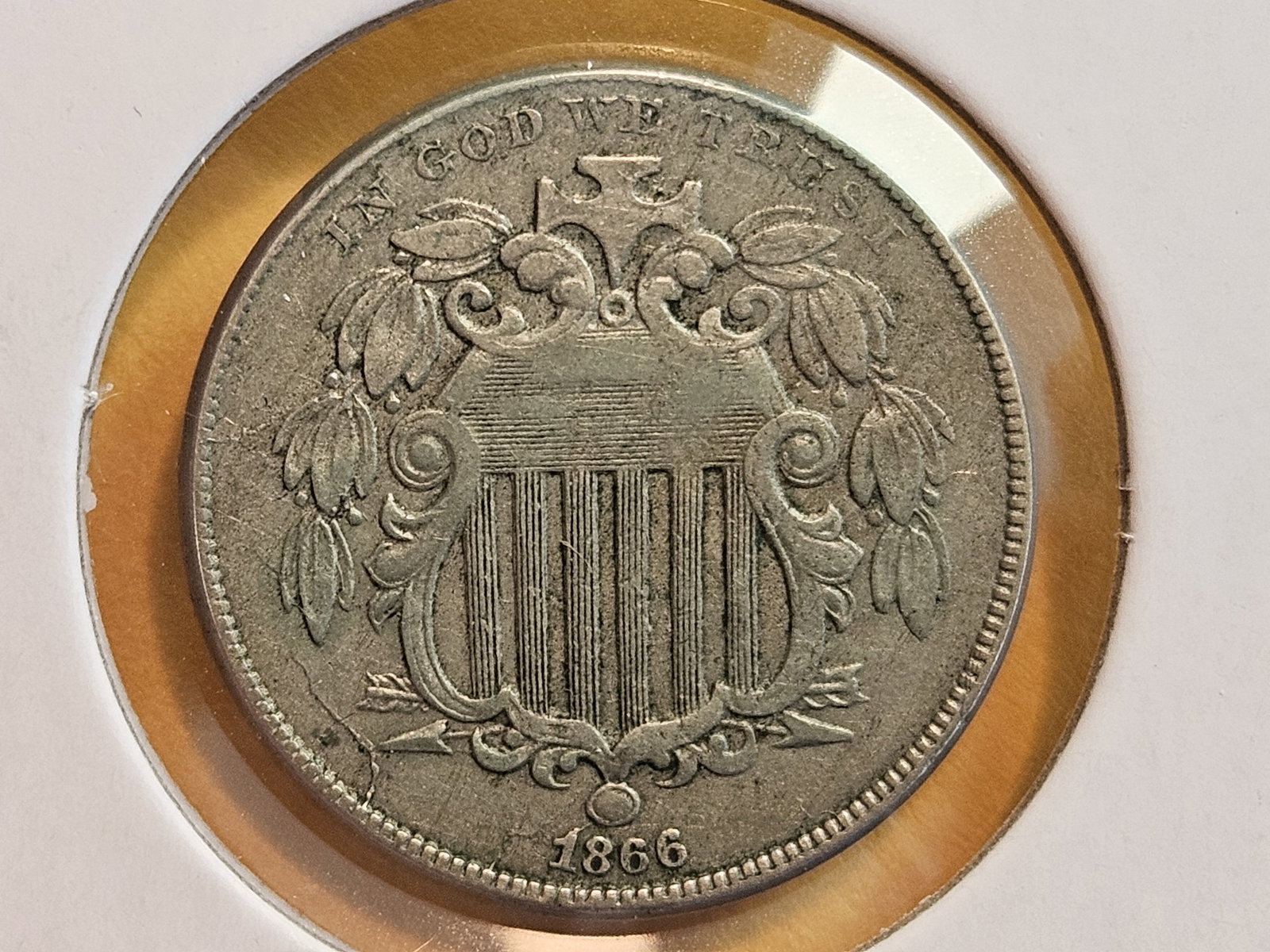1866 Arrows and Rays Shield Nickel: In Very Fine 