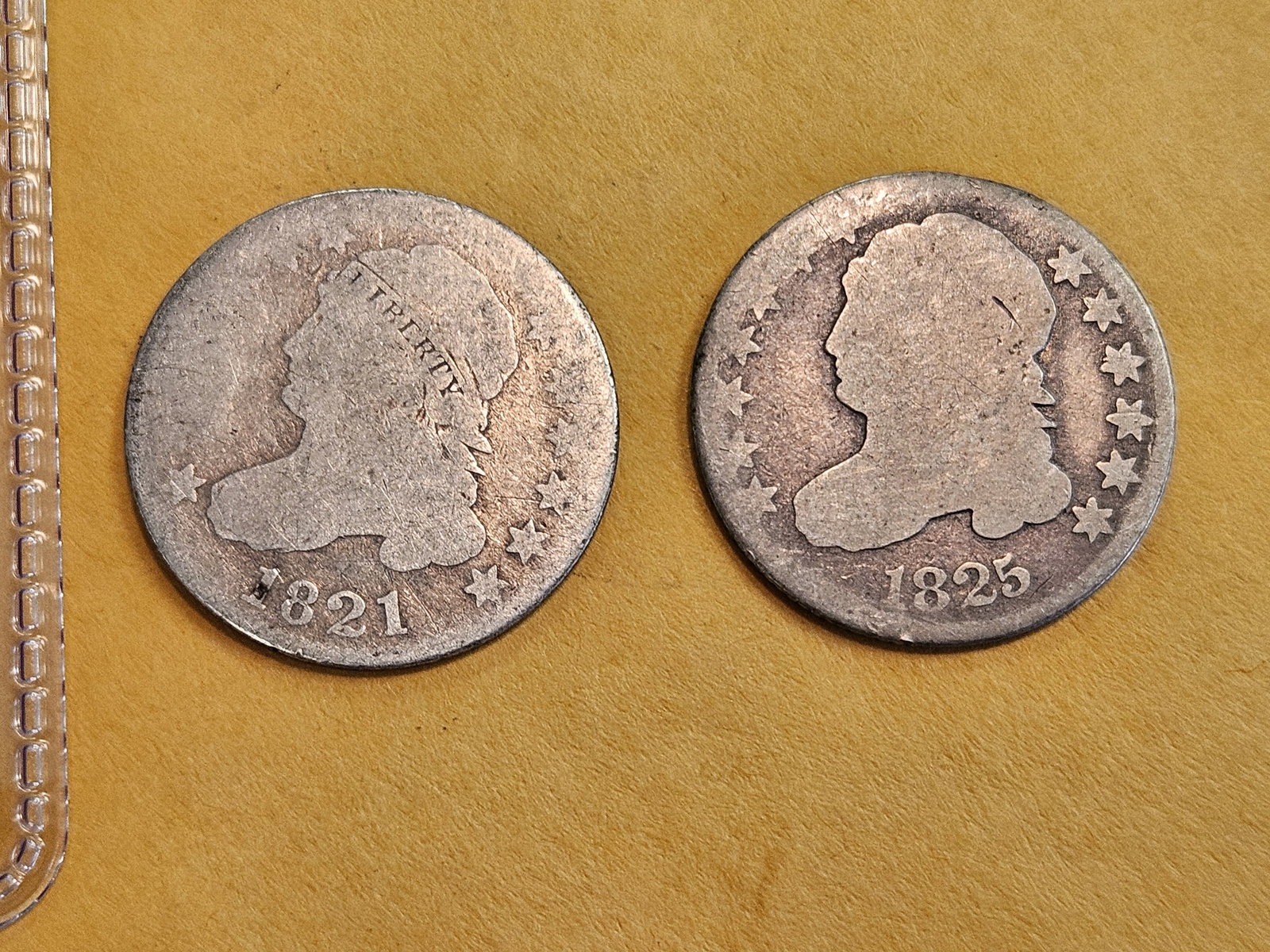 1821 and 1825 Capped Bust silver Dimes: Both circulated