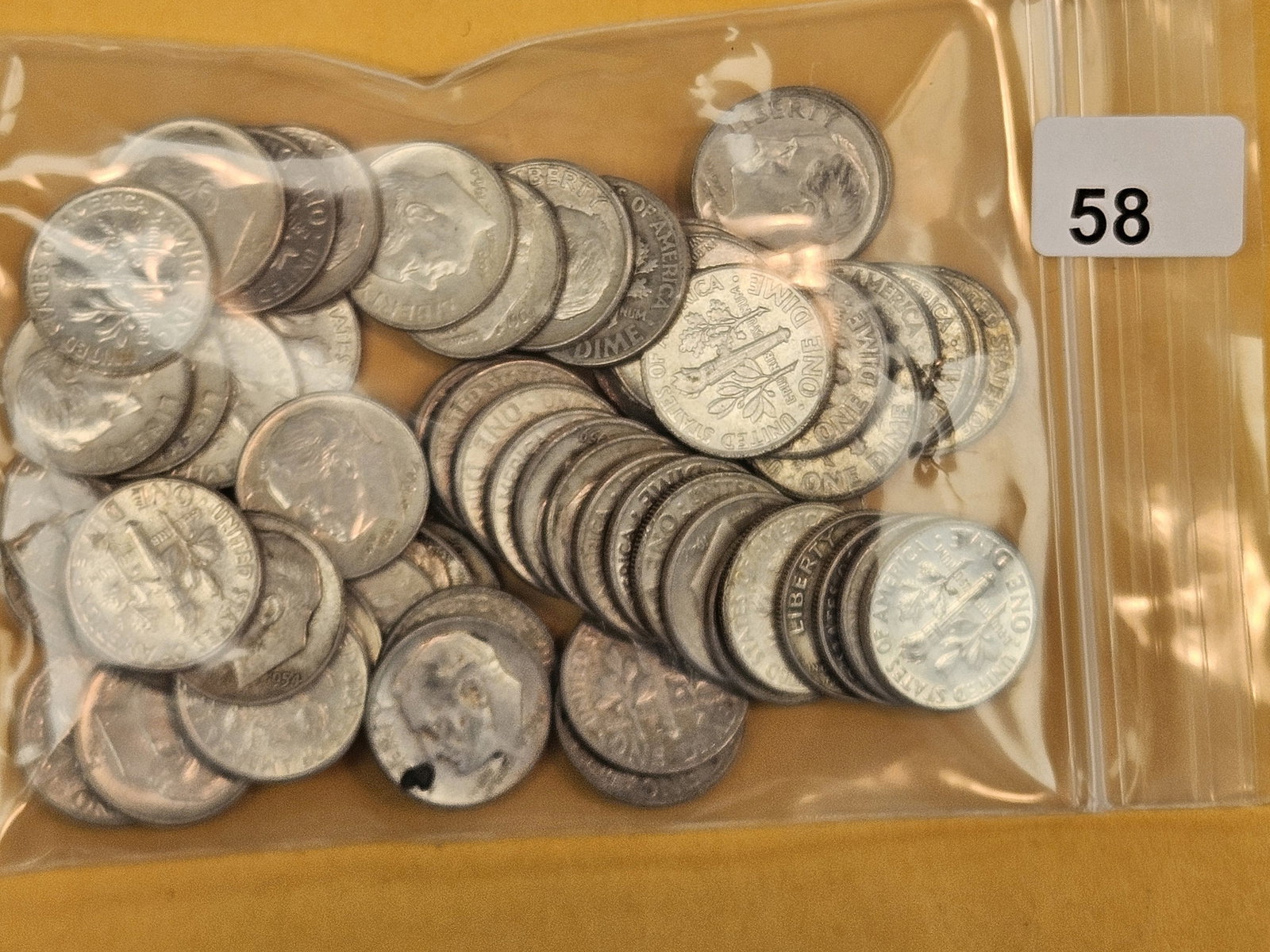 Fifty-nine, mixed, silver, Roosevelt Dimes: Circulated. 