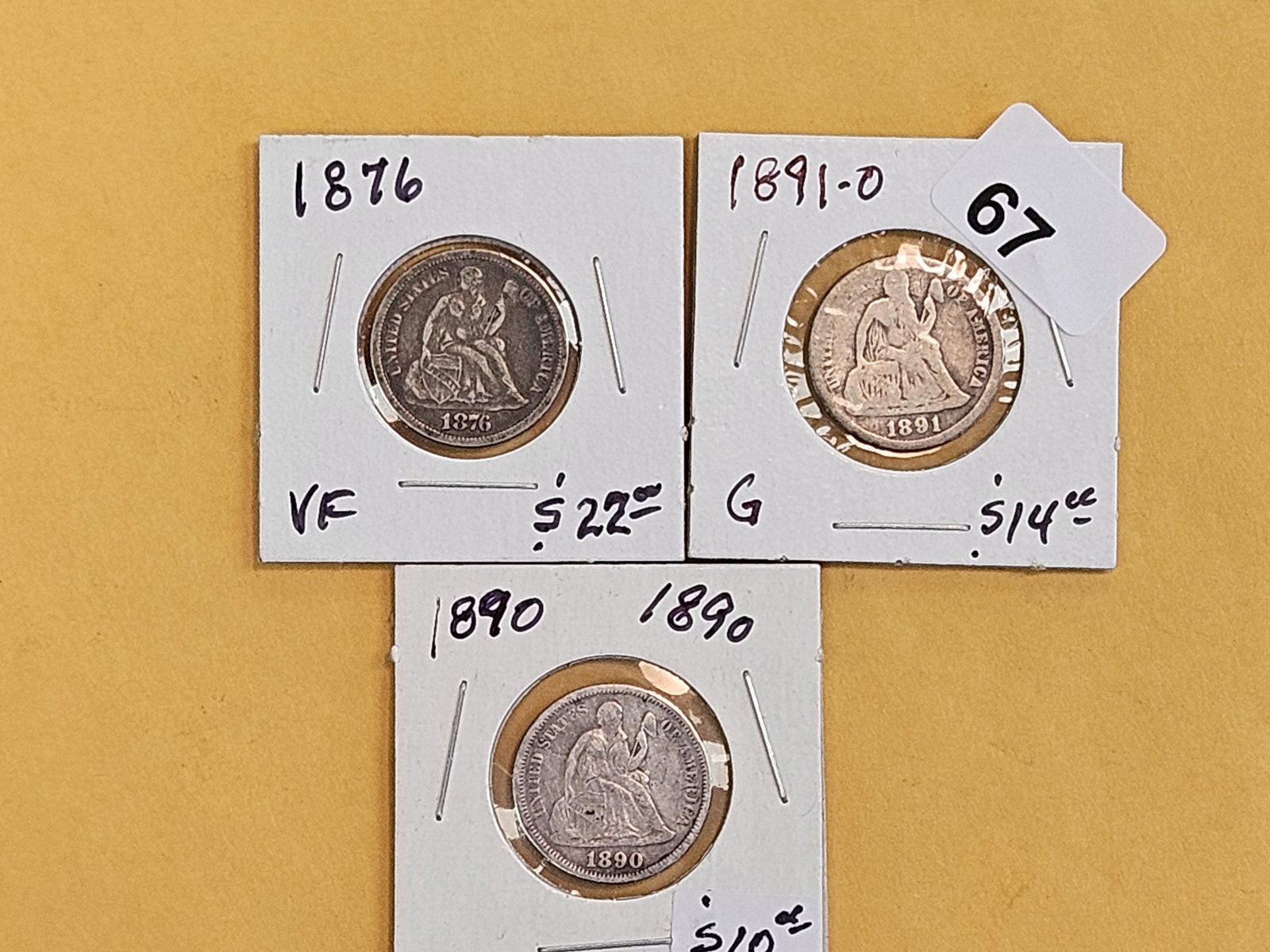 1876, 1891-O and 1890 Seated Liberty Silver Dimes (1 of 5)