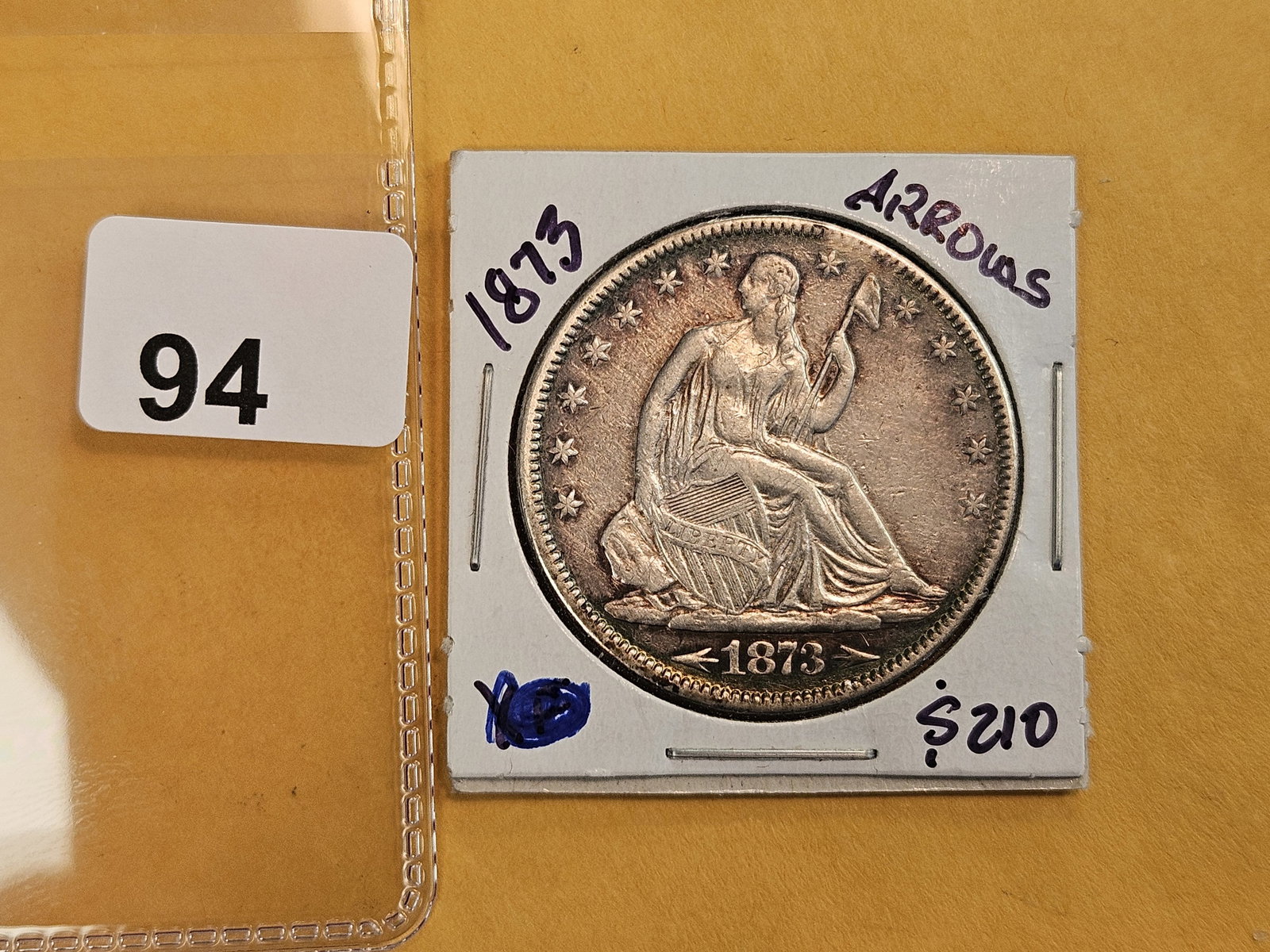 * 1873 Seated Liberty silver Half Dollar in Bright About Uncirculated - details - 2