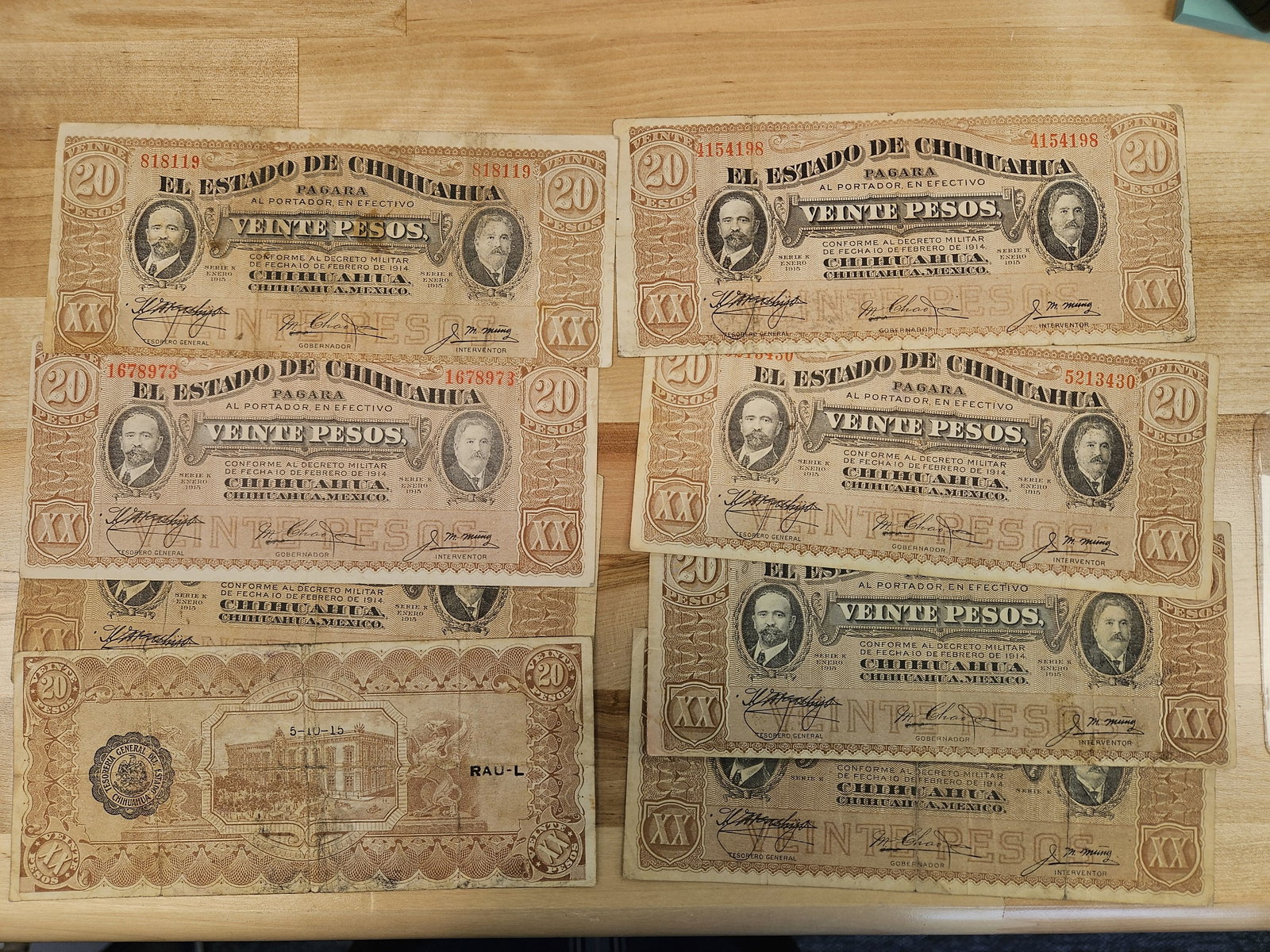 Eight great El Estado de Chihuahua 20 pesos notes: 1914. All circulated 