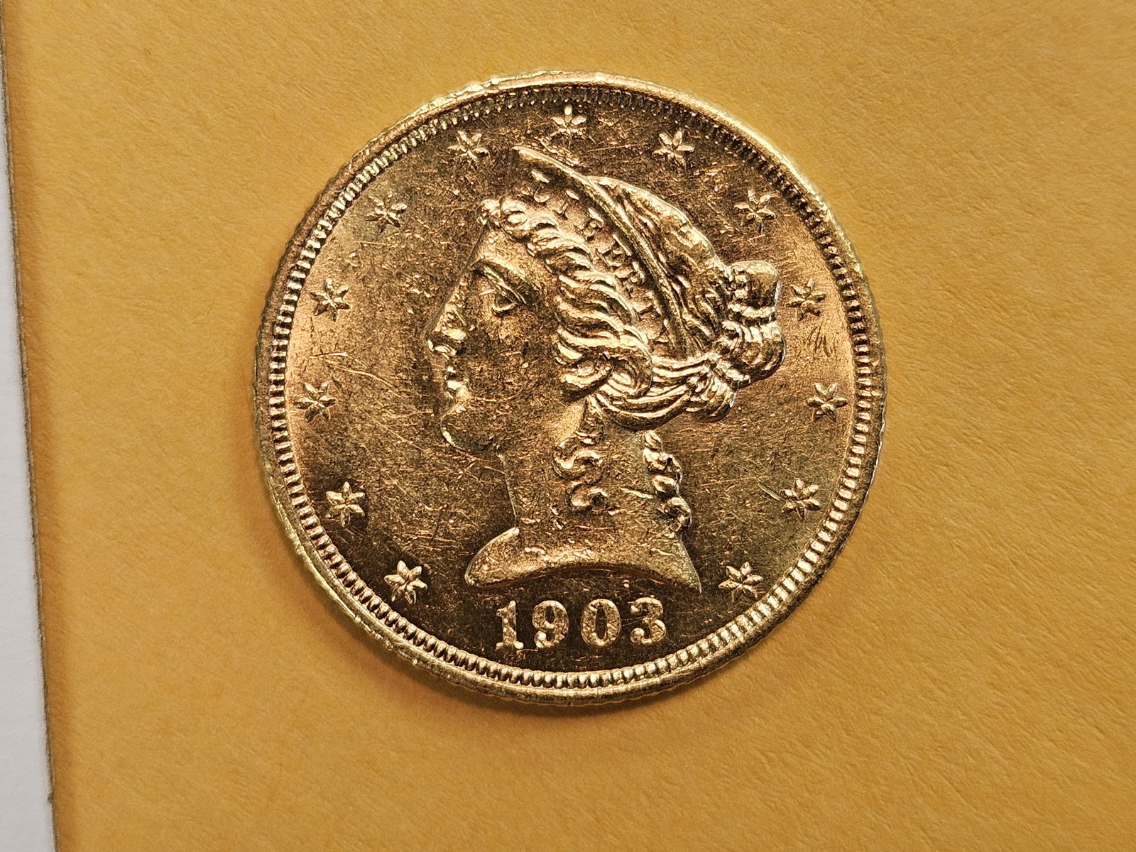 GOLD! Brilliant About Uncirculated plus 1903 Gold Liberty Head Five Dollars - 5