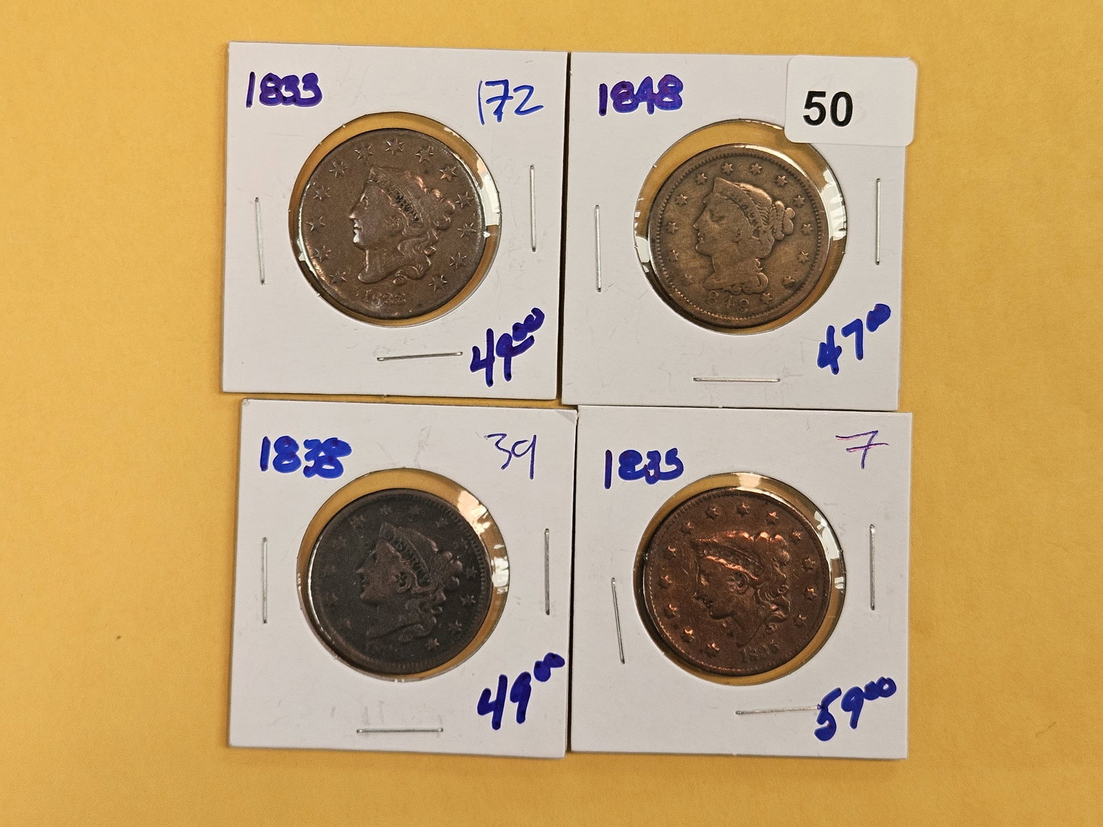 Four mixed Large Cents: 1833, 1848, 1838 and 1835 