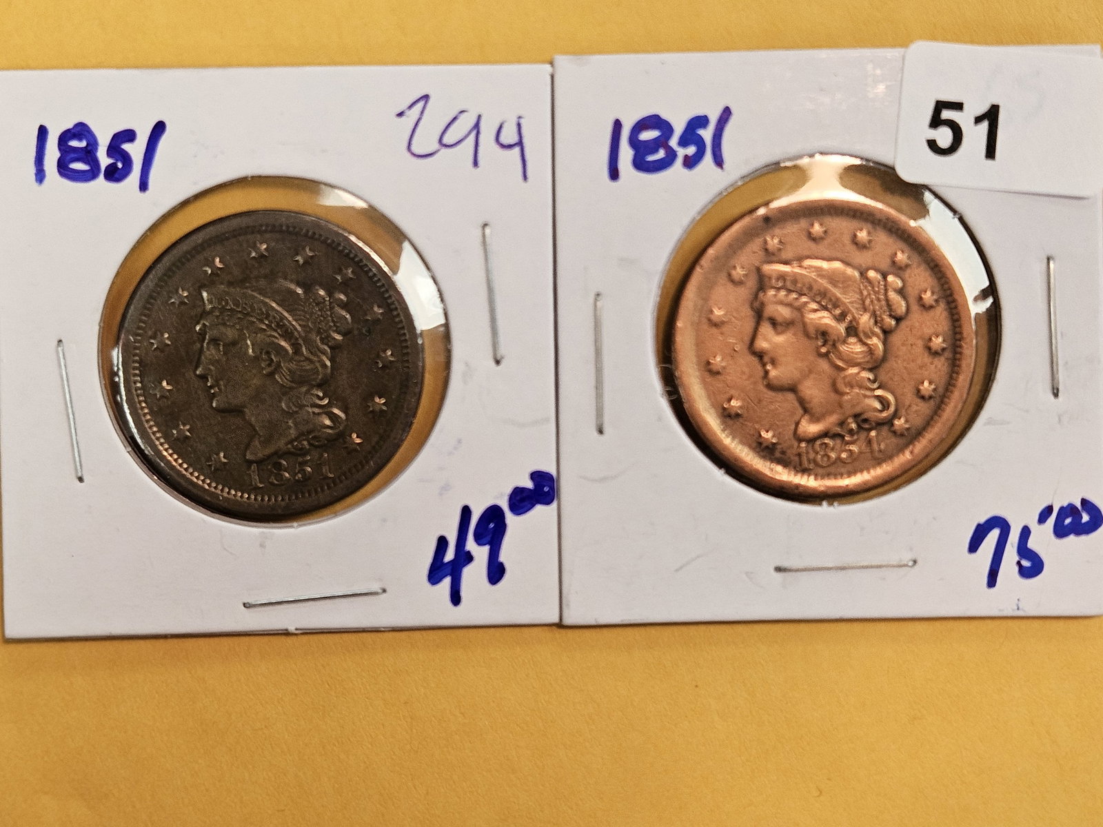 Two 1851 Braided Hair Large Cents: Both in Very Fine - details 