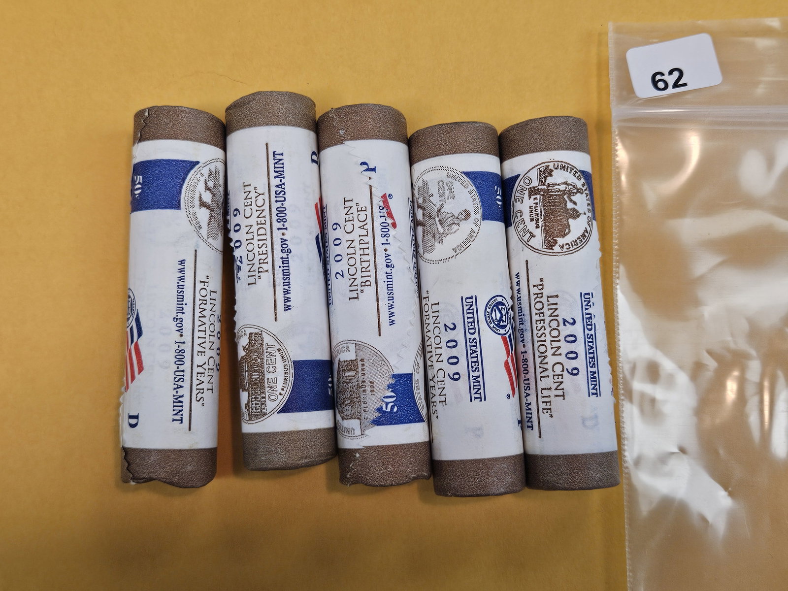 Five GEM Mint-Wrapped Brilliant Uncirculated Lincoln Cents: All 2009 