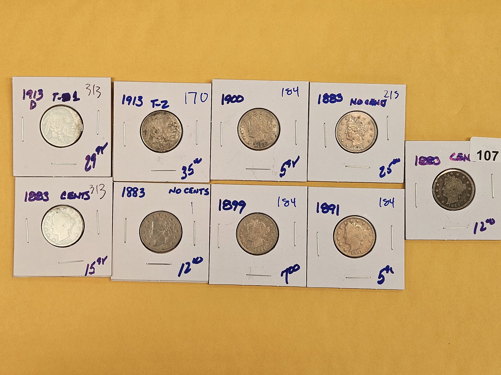 Nine mixed Buffalo and Liberty "V" Nickels: All circulated 