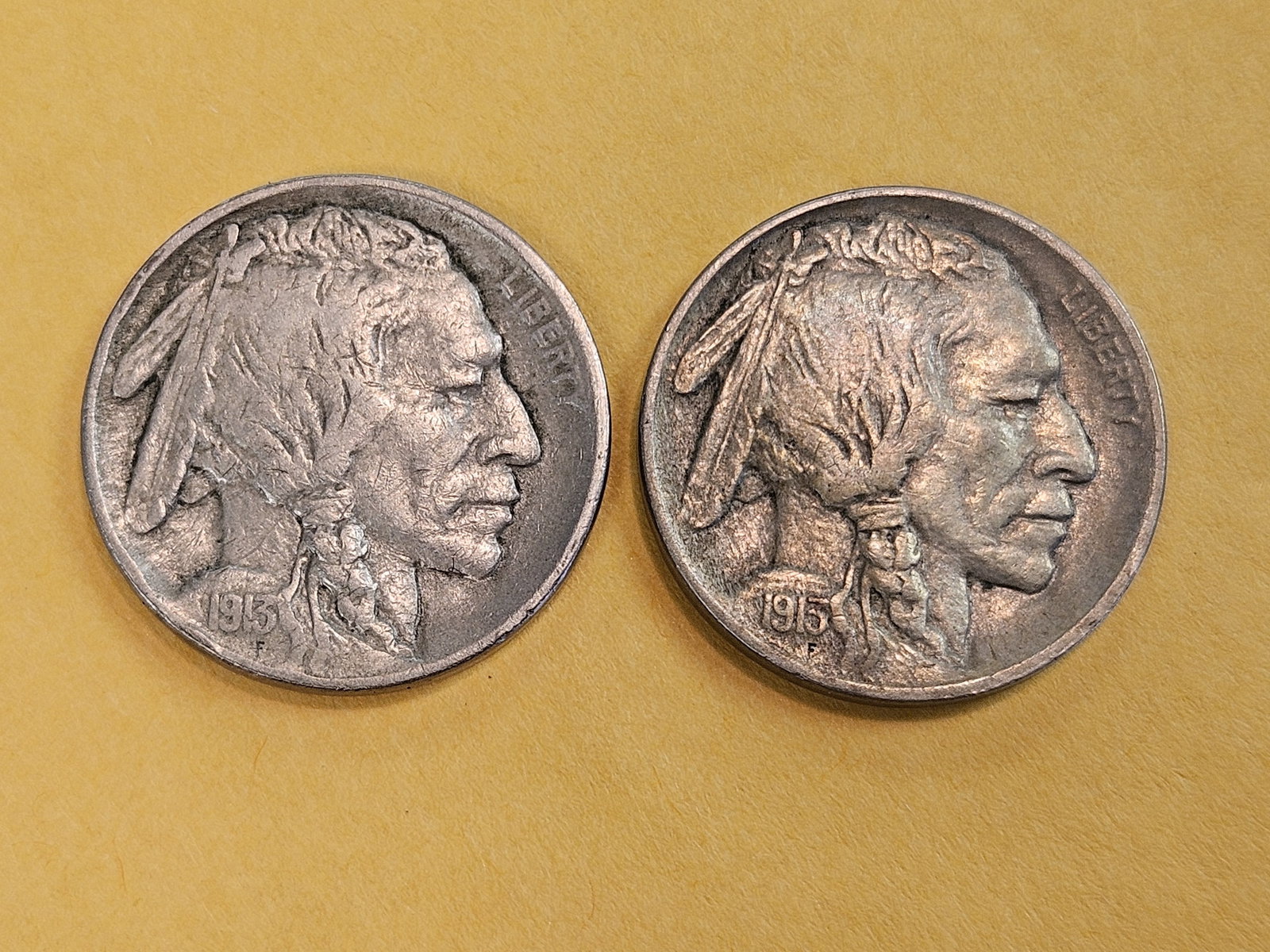 Two First Year Issue 1913 Type 1 Buffalo Nickels (1 of 5)