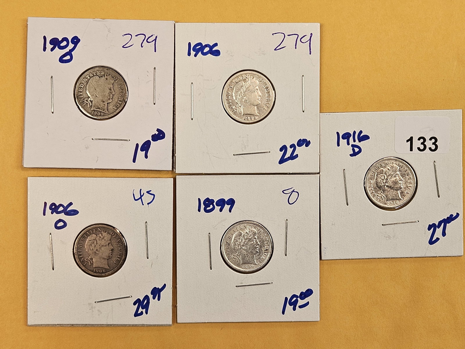 Five mixed Barber silver dimes (1 of 3)