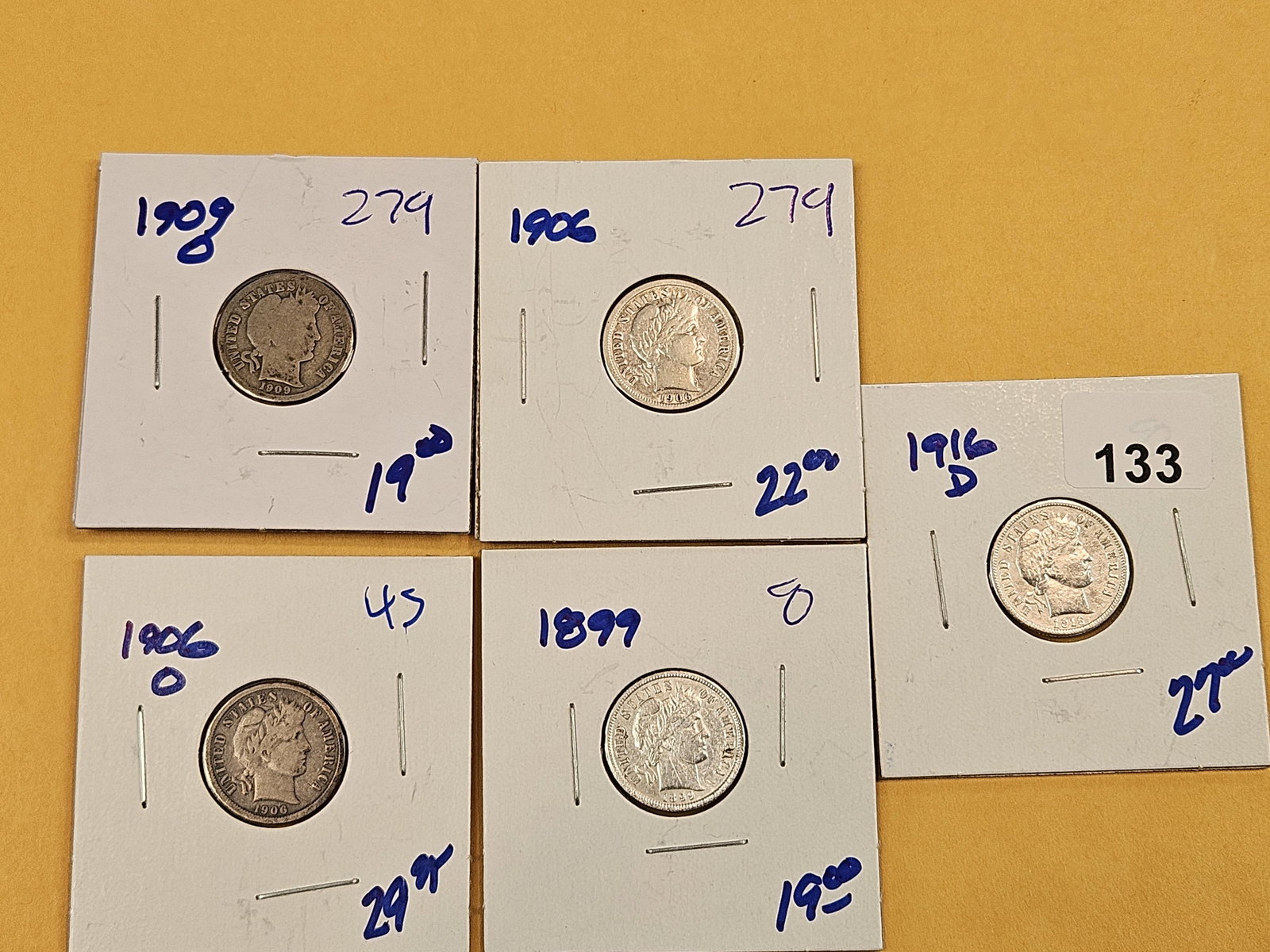 Five mixed Barber silver dimes - 2
