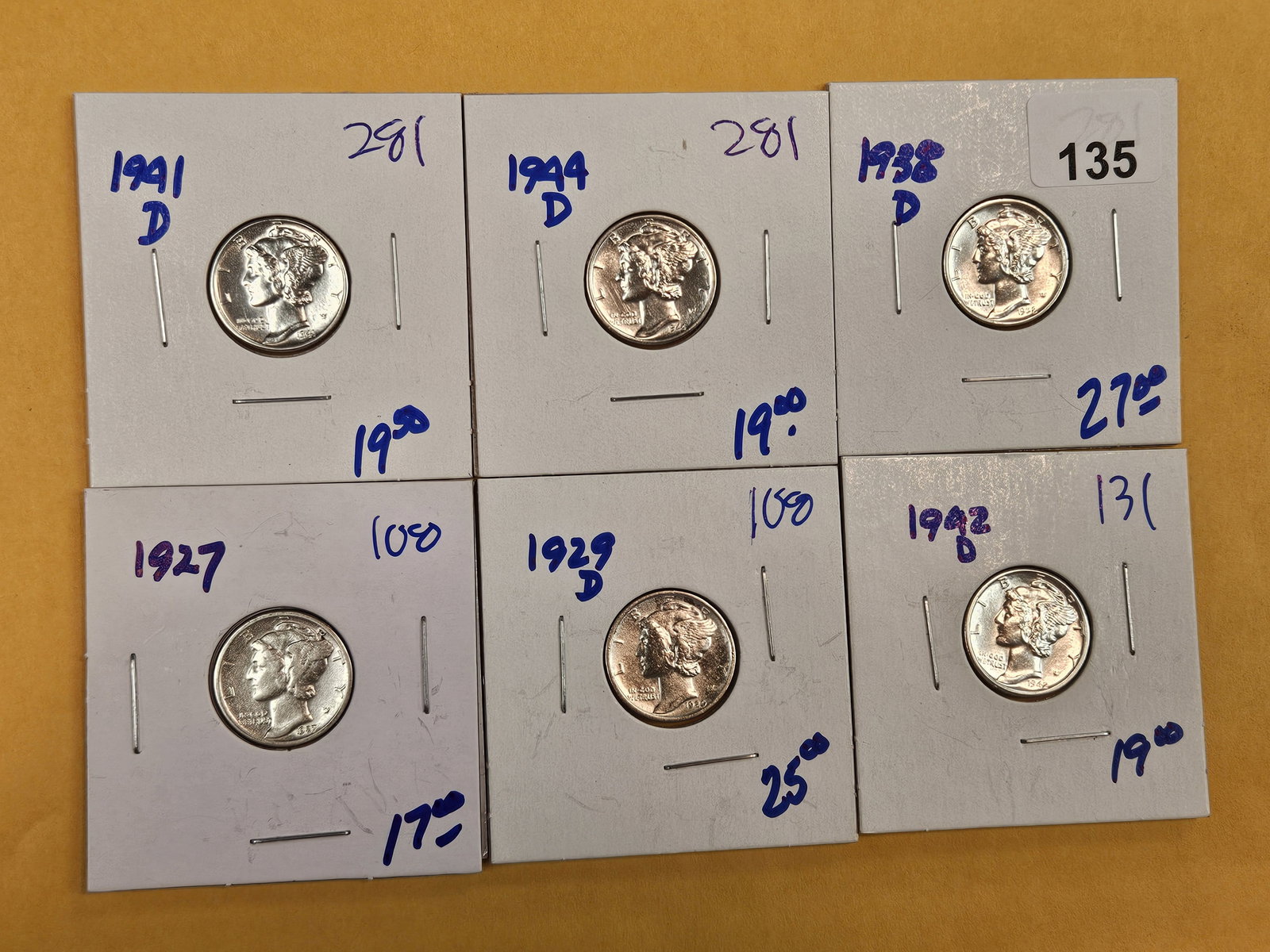 Six mixed silver Mercury Dimes - 2