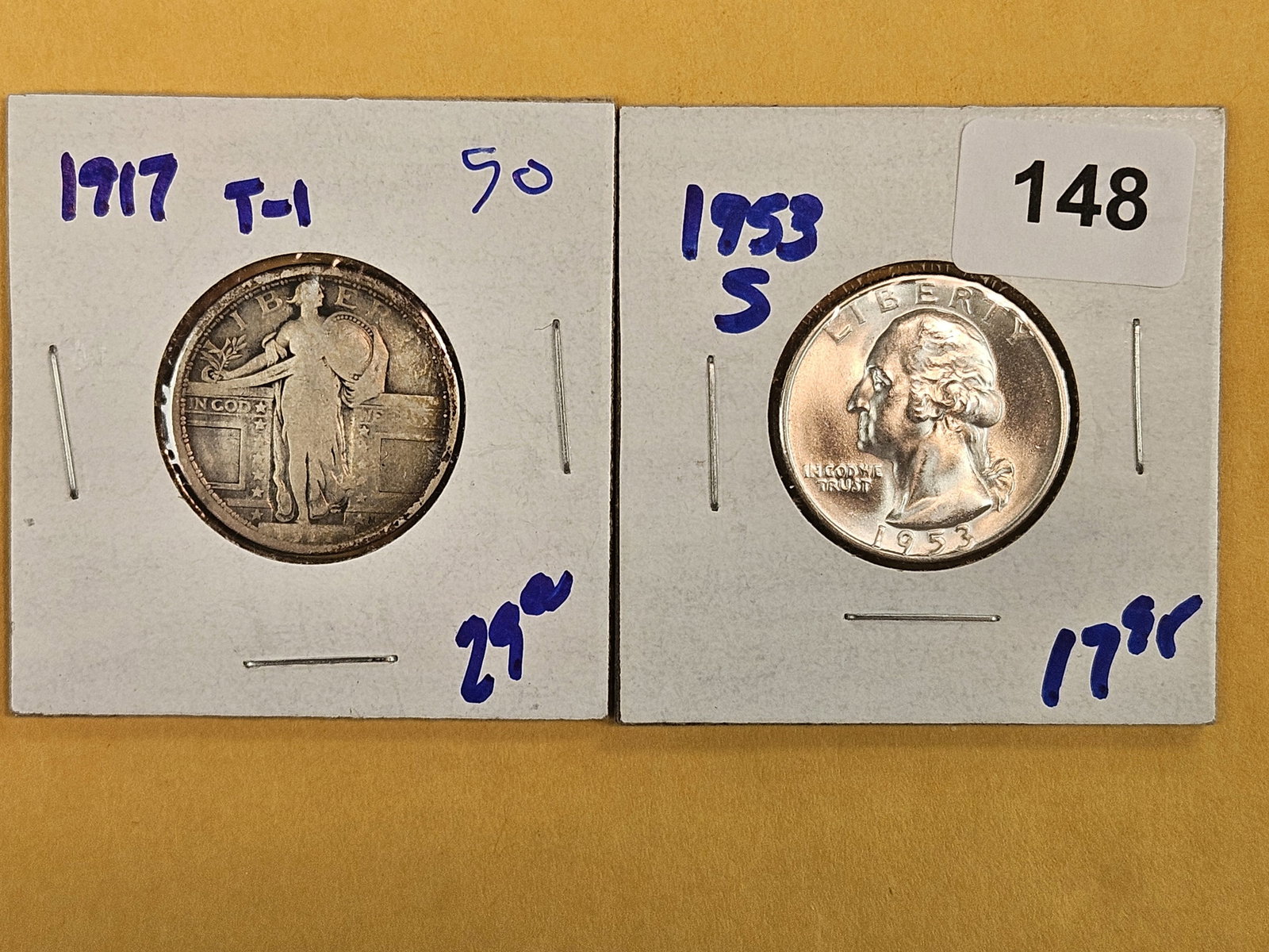 1953-S Washington and 1917 Type 1 Standing Liberty silver Quarters: SLQ is circulated and the 53-S looks near-gem 