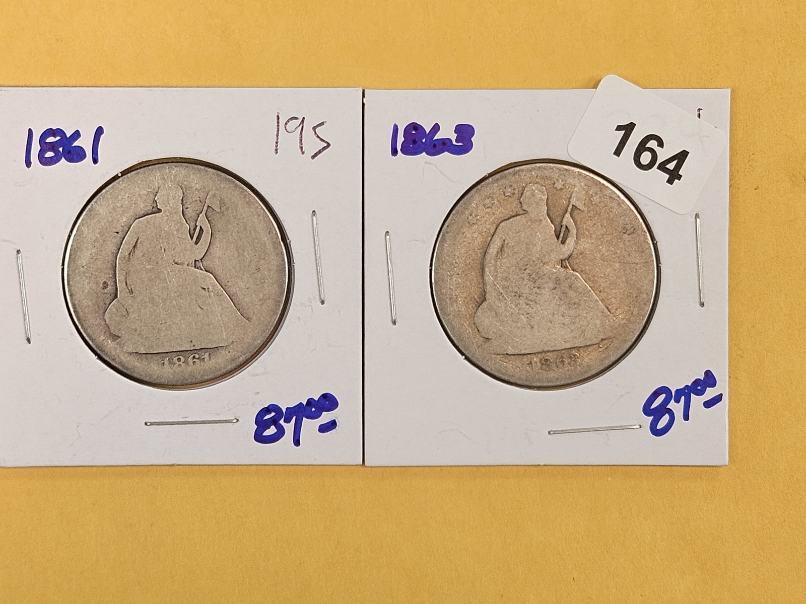 Two Civil War Issue Seated Liberty silver Half Dollars: 1861 and 1863 