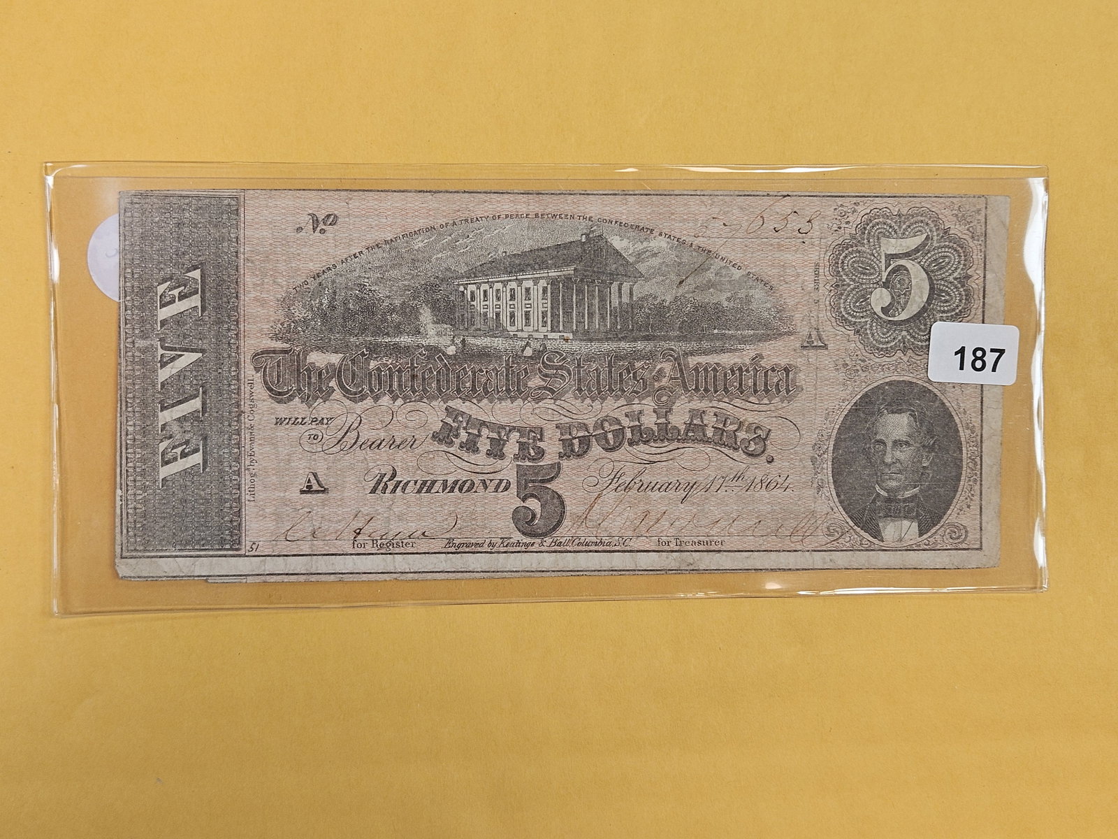 1864 Confederate States of America Five Dollar Note (1 of 2)