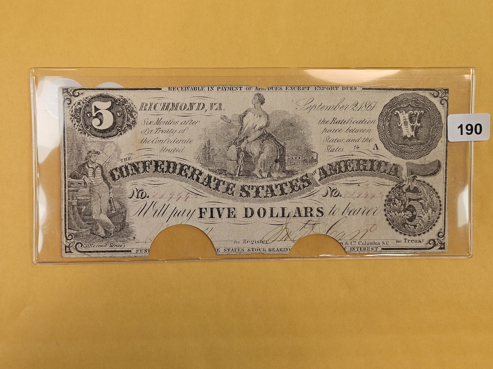 1861 Confederate States of America Five Dollar Note (1 of 2)