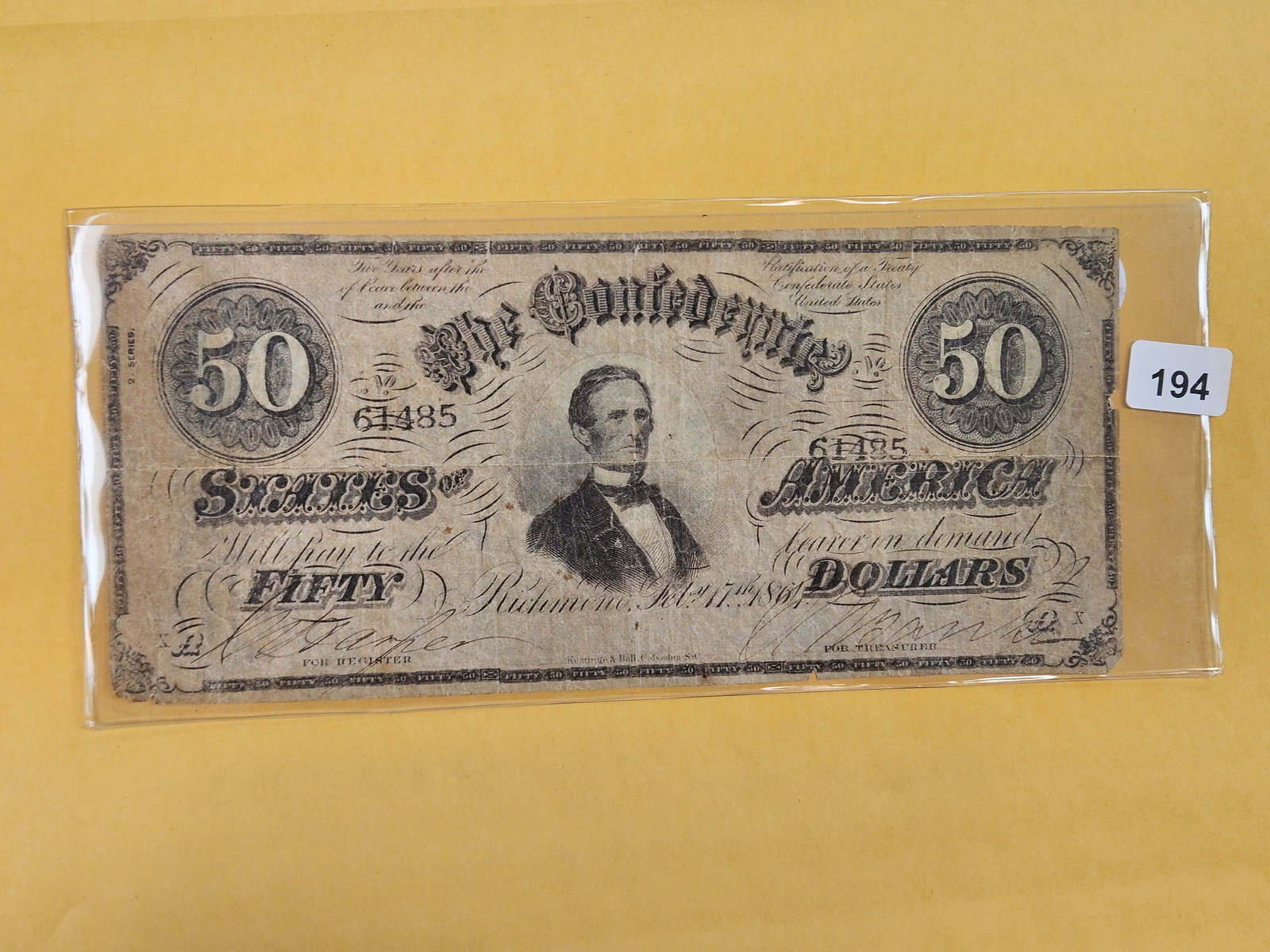 1861 Confederate States of America Fifty Dollar Note (1 of 2)