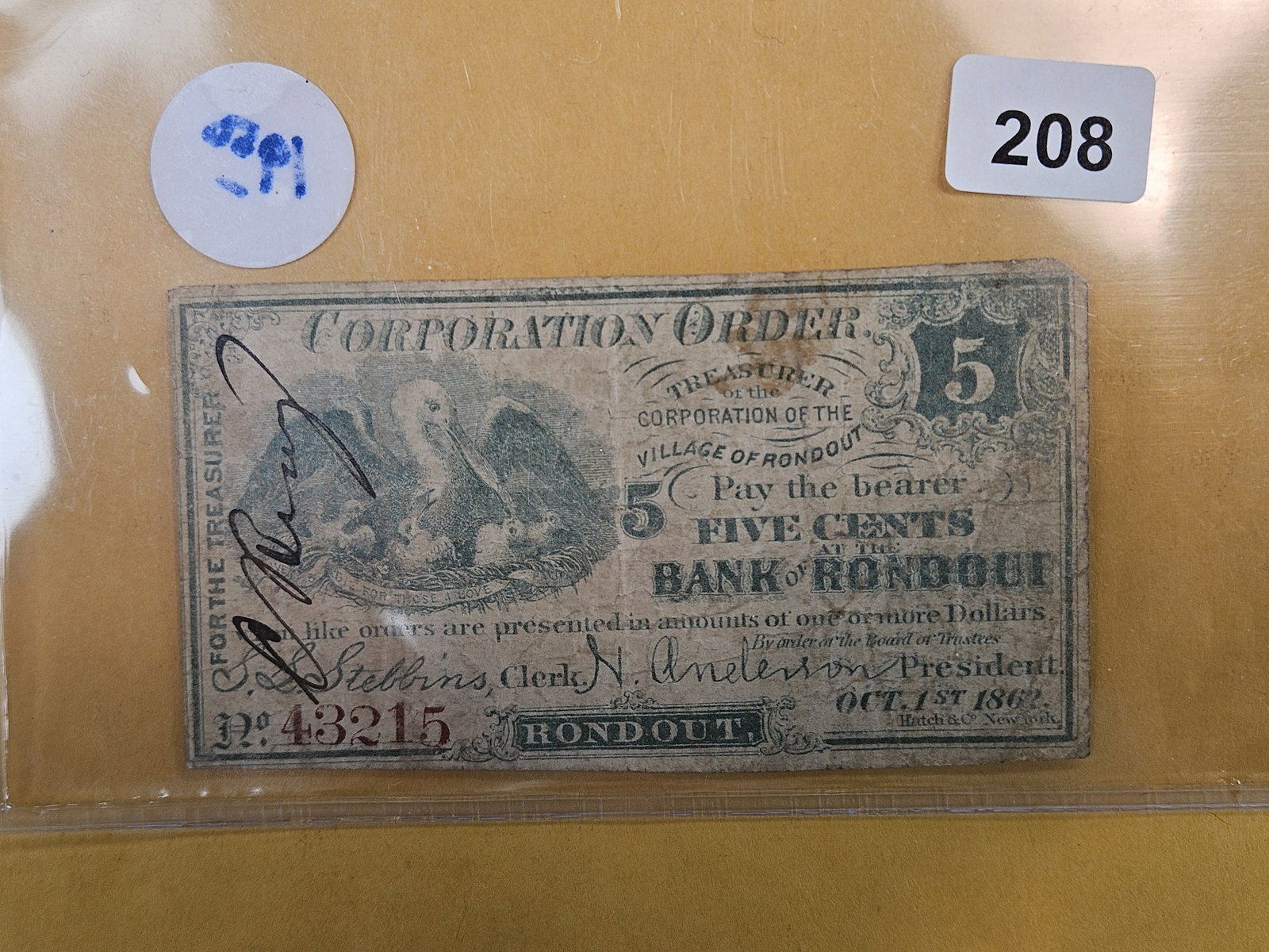 Cool Bank of Rondout five cent note (1 of 2)