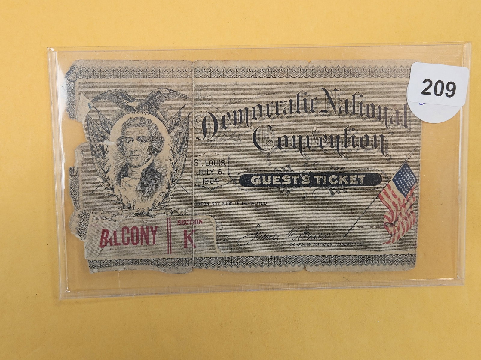 * Rare * 1904 St Louis World's Fair Democratic National Convention ticket (1 of 2)