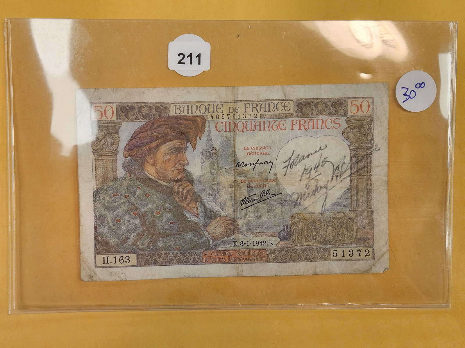 8-1-1942 France 50 francs Short Snorter (1 of 3)