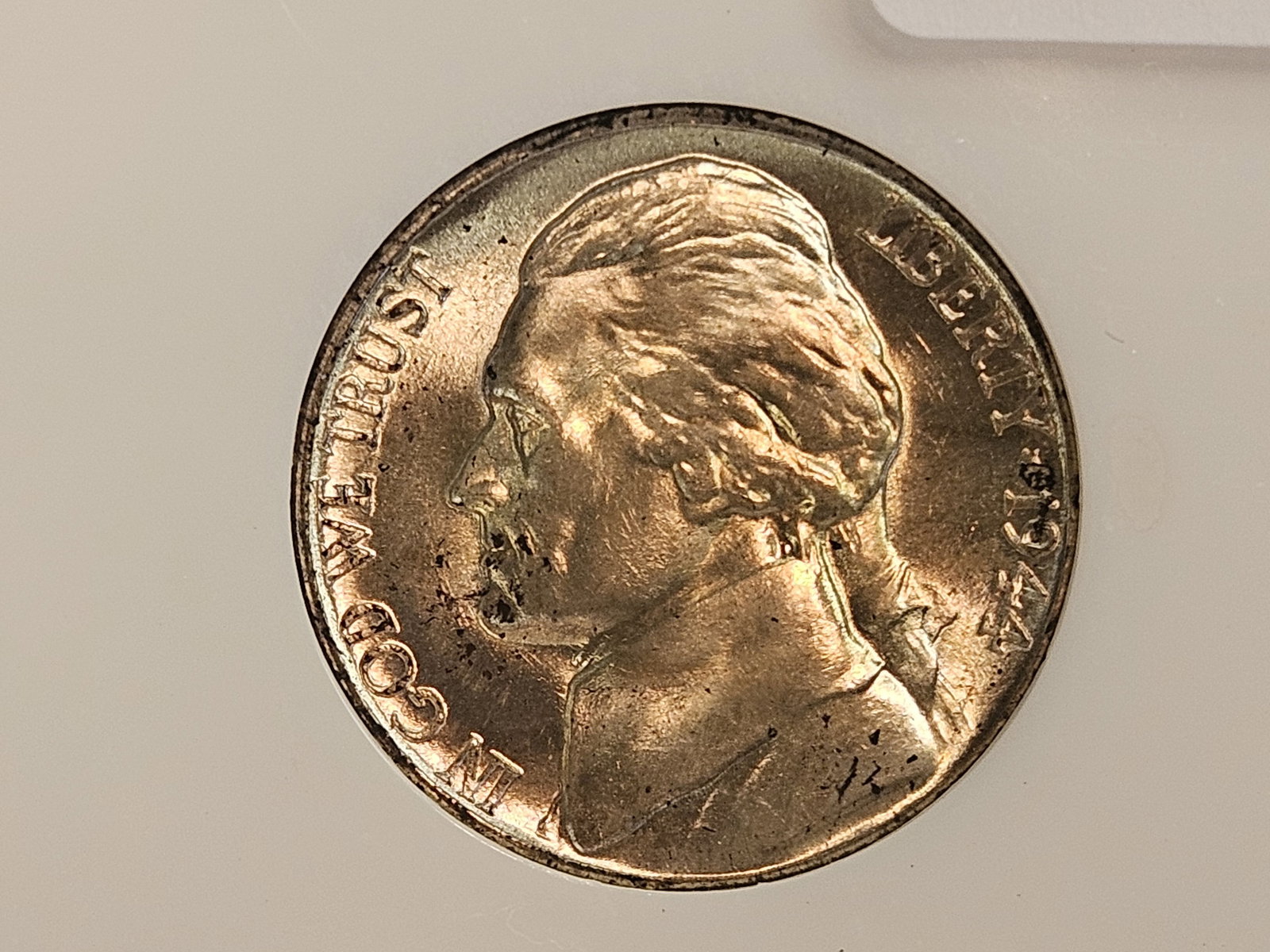 Superb GEM! NGC 1944-D silver wartime Jefferson Nickel in Mint State 67: In an old fatty holder 