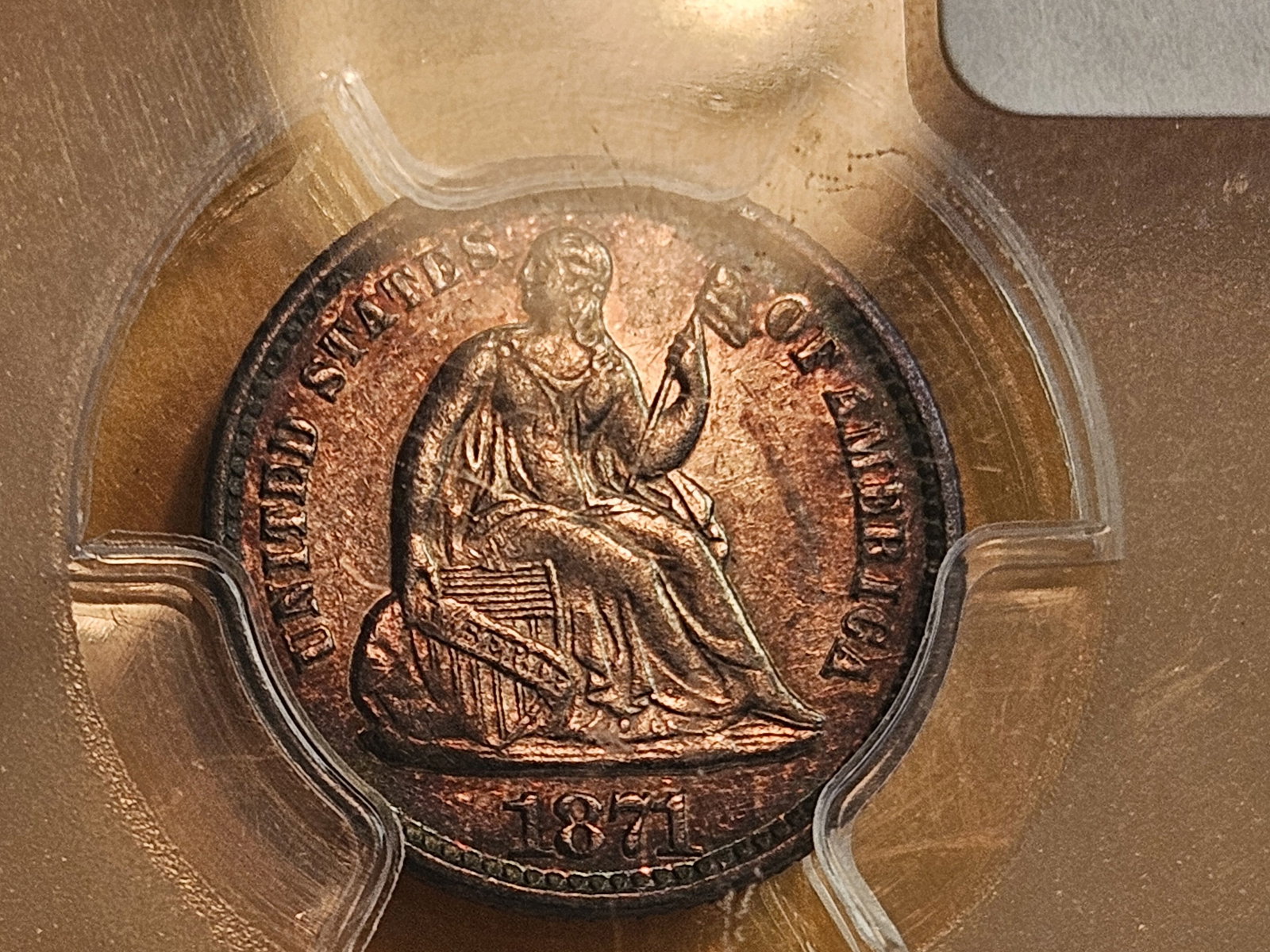 PCGS 1871 Seated Liberty silver Half Dime in About Uncirculated - 50: Great patina