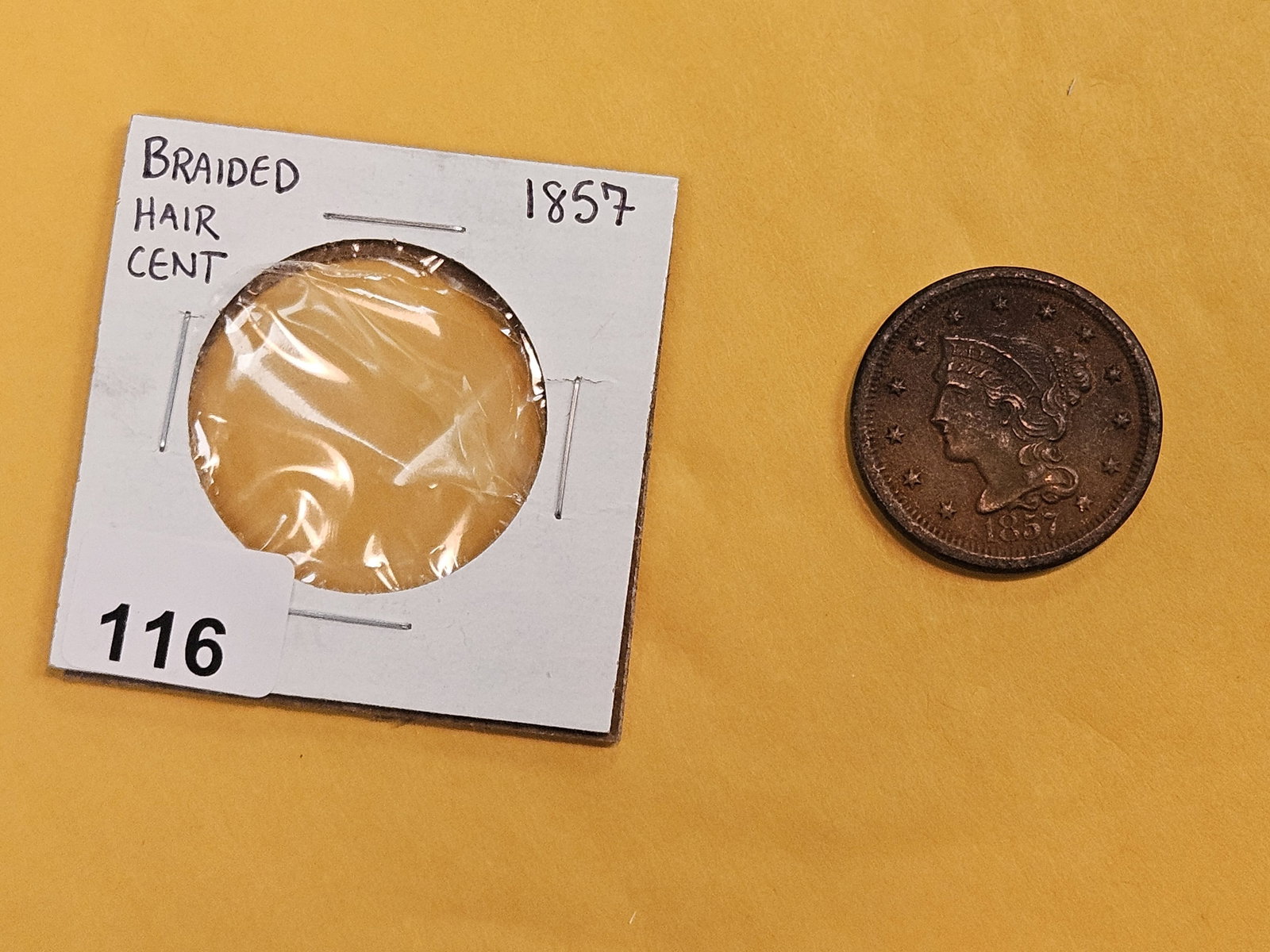 1857 Braided Hair Large Cent in About Uncirculated - details - 2