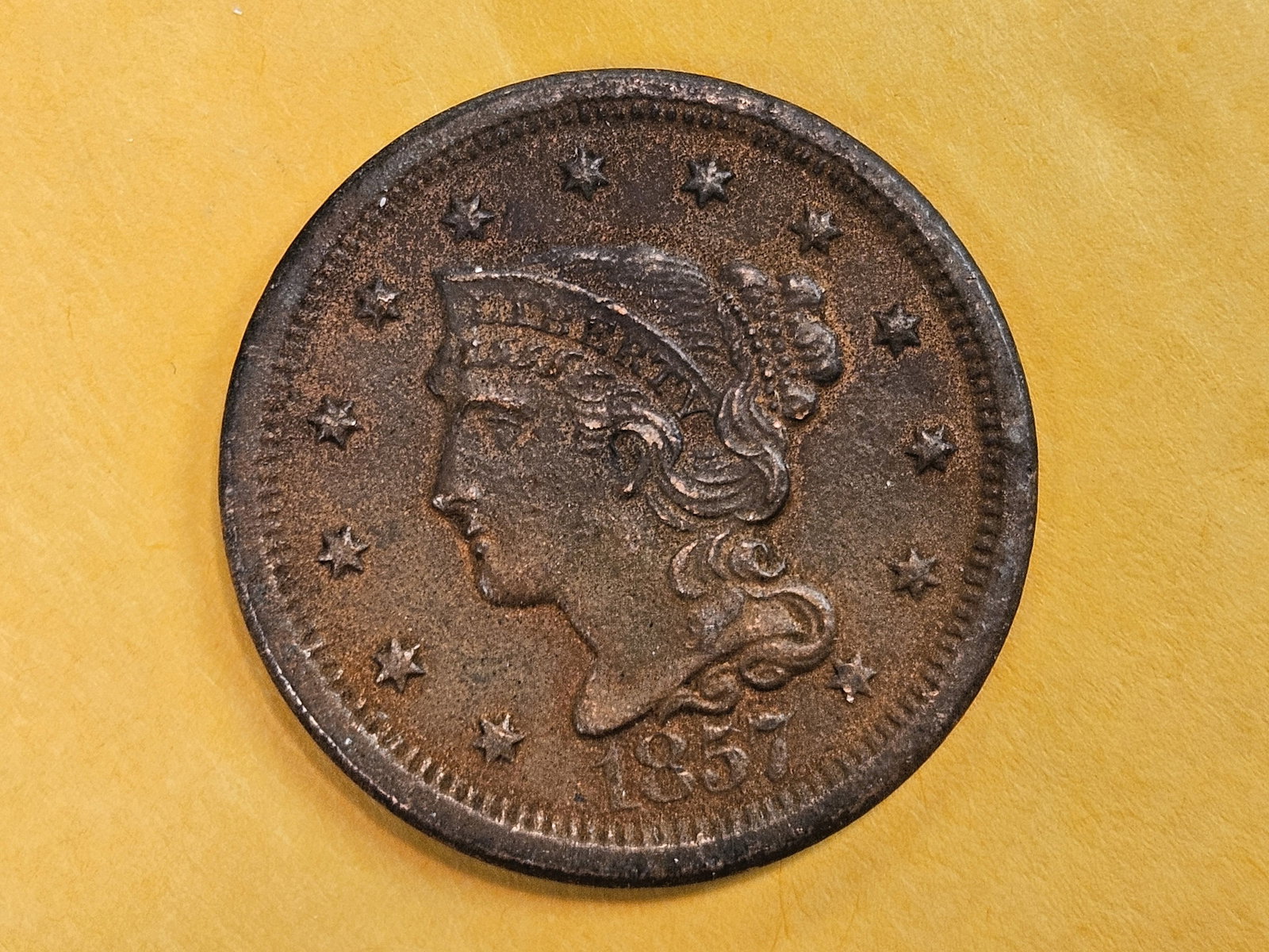 1857 Braided Hair Large Cent in About Uncirculated - details - 3