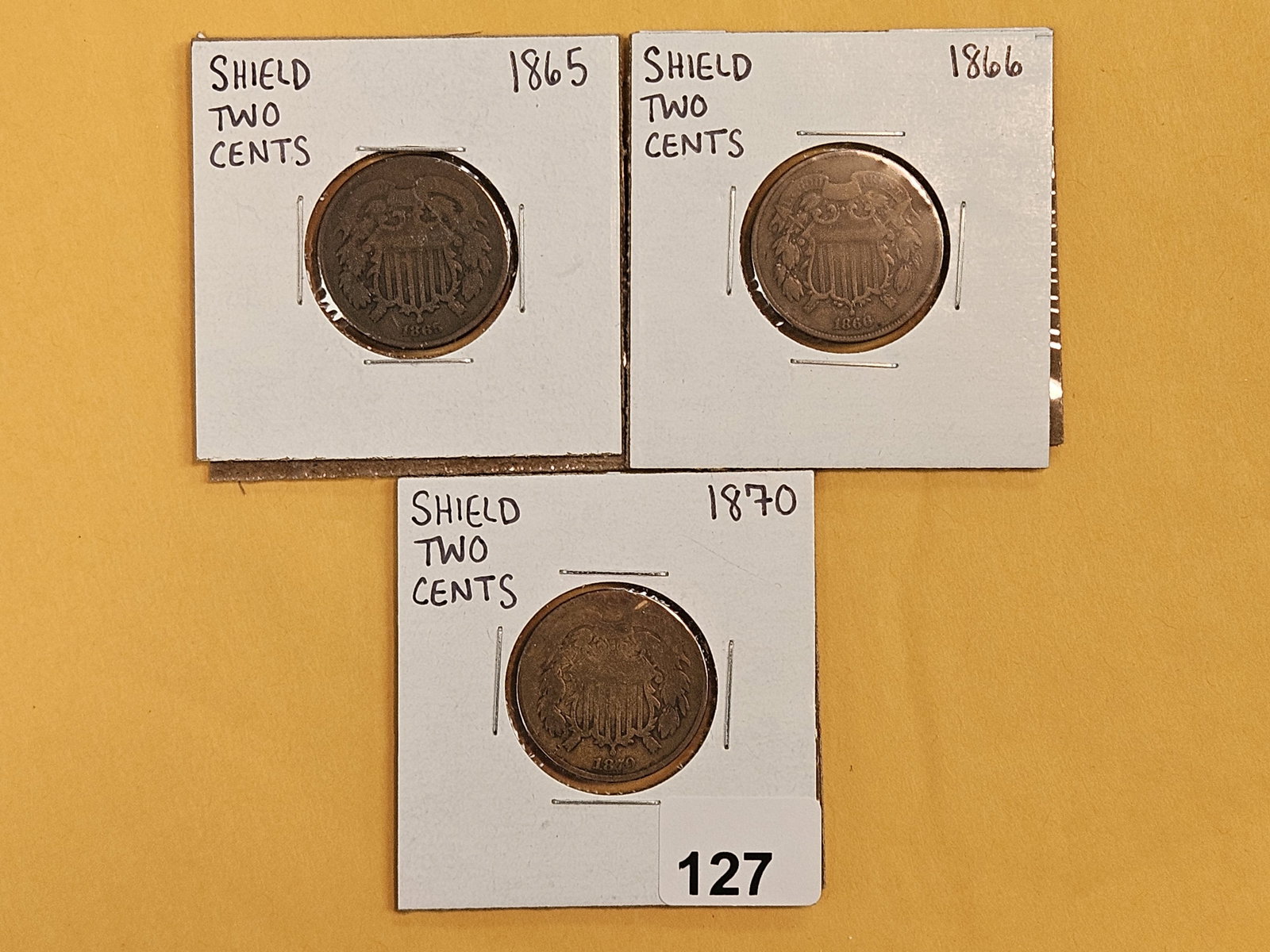 1865, 1866, and 1870 Two cent pieces: All moderately circulated 