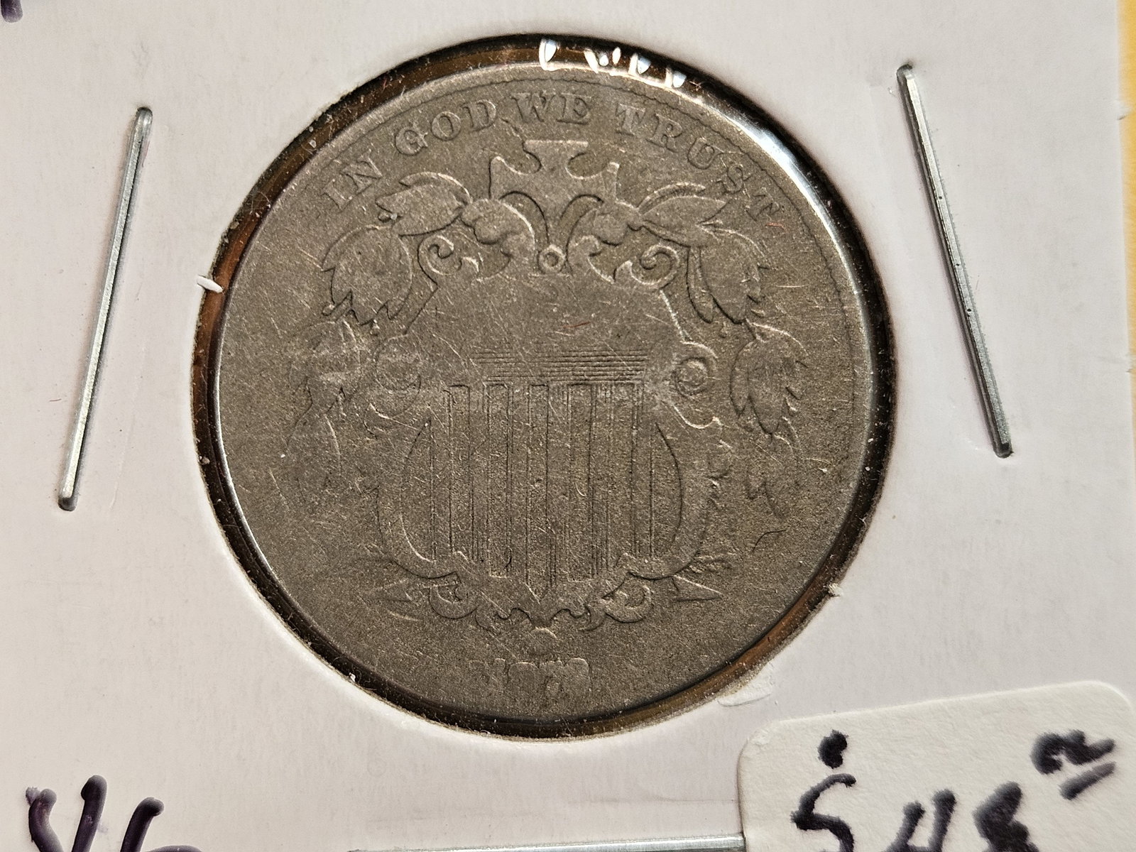 1872 Shield Nickel in Very Good: Even wear 