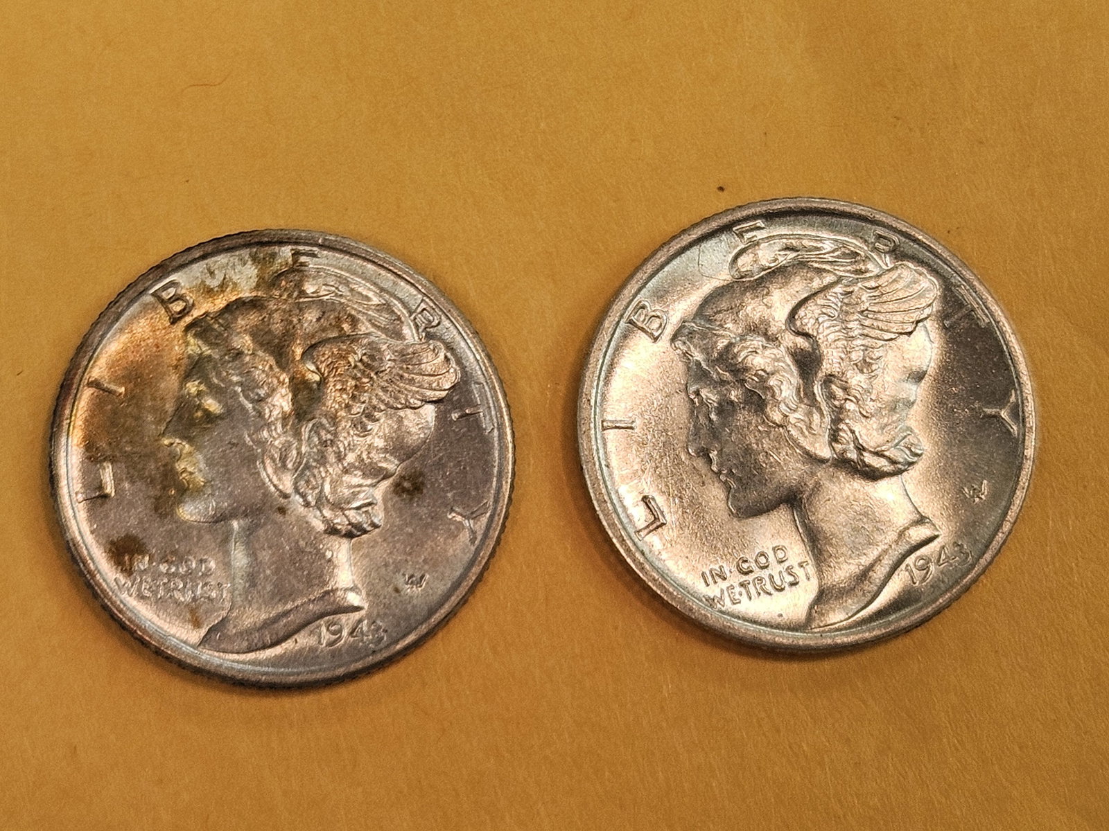 Two Choice Brilliant Uncirculated 1943-D Mercury Silver Dimes FSB: Both Full Split Bands 