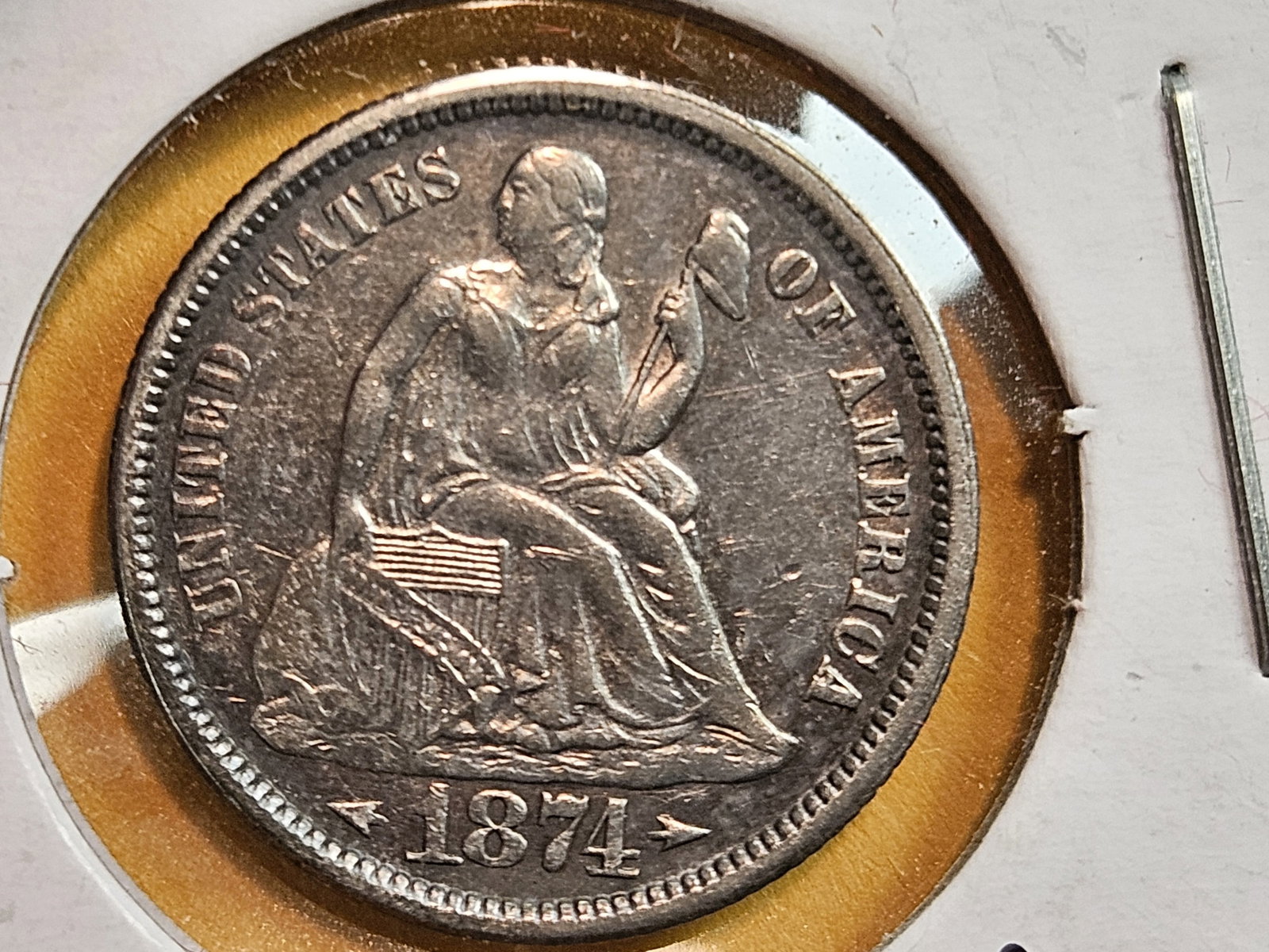 1874 Seated Liberty silver Dime in Choice About Uncirculated plus!: Great original patina