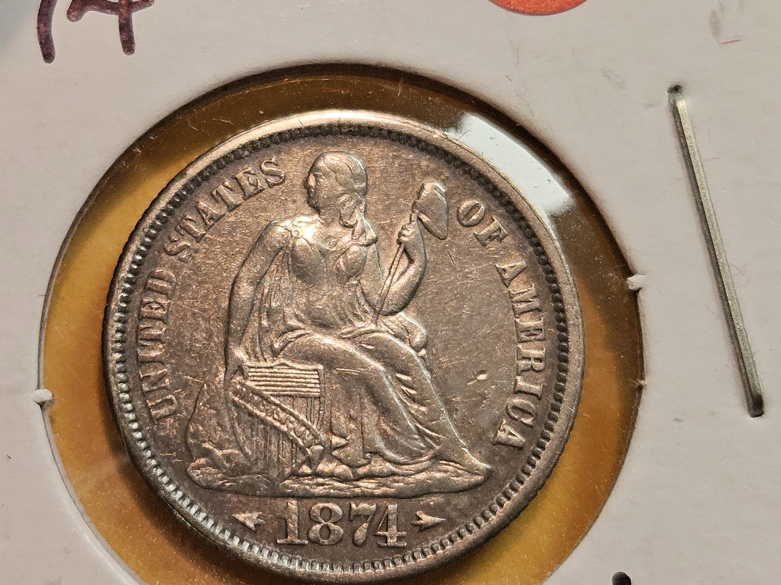 1874 Seated Liberty silver Dime in Choice About Uncirculated plus! - 4
