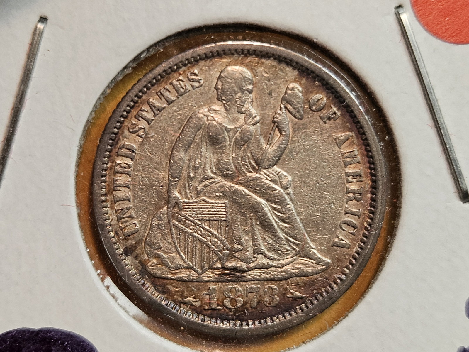 1873 With Arrows Seated Liberty silver Dime: In About Uncirculated! Great luster and patina 