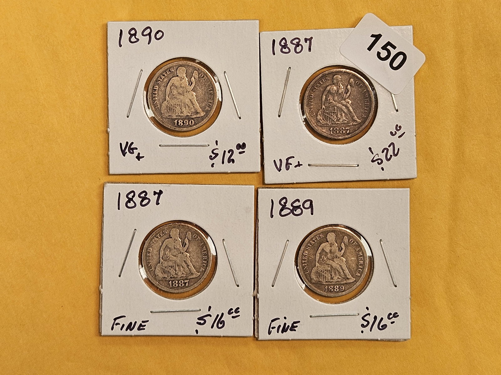 Four solid Seated Liberty silver Dimes: 1890, 1887, 1889 and 1887