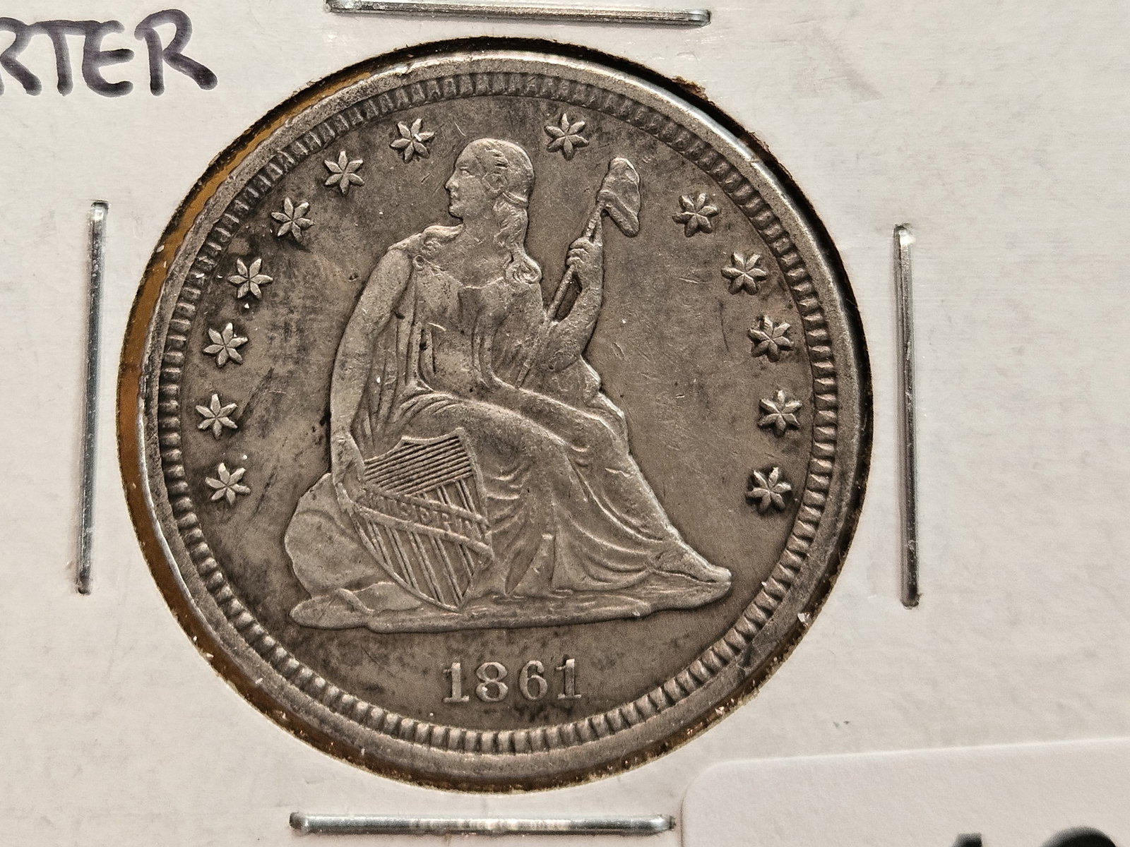 1861 Seated Liberty silver Quarter in Extra Fine - 3