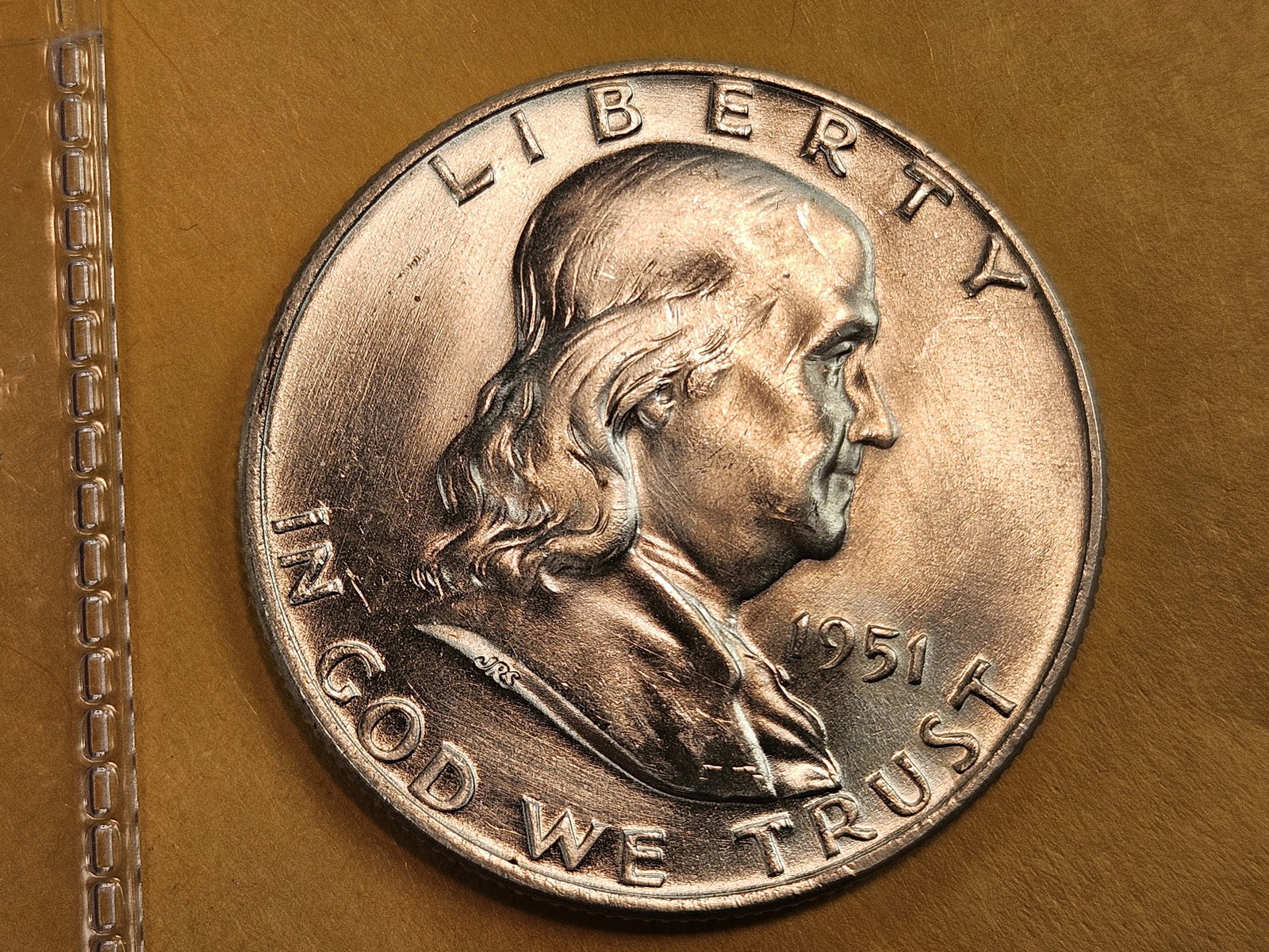 Very Choice Brilliant Uncirculated 1951-D Franklin silver Half Dollar FBL: Strong Full Bell Lines! 