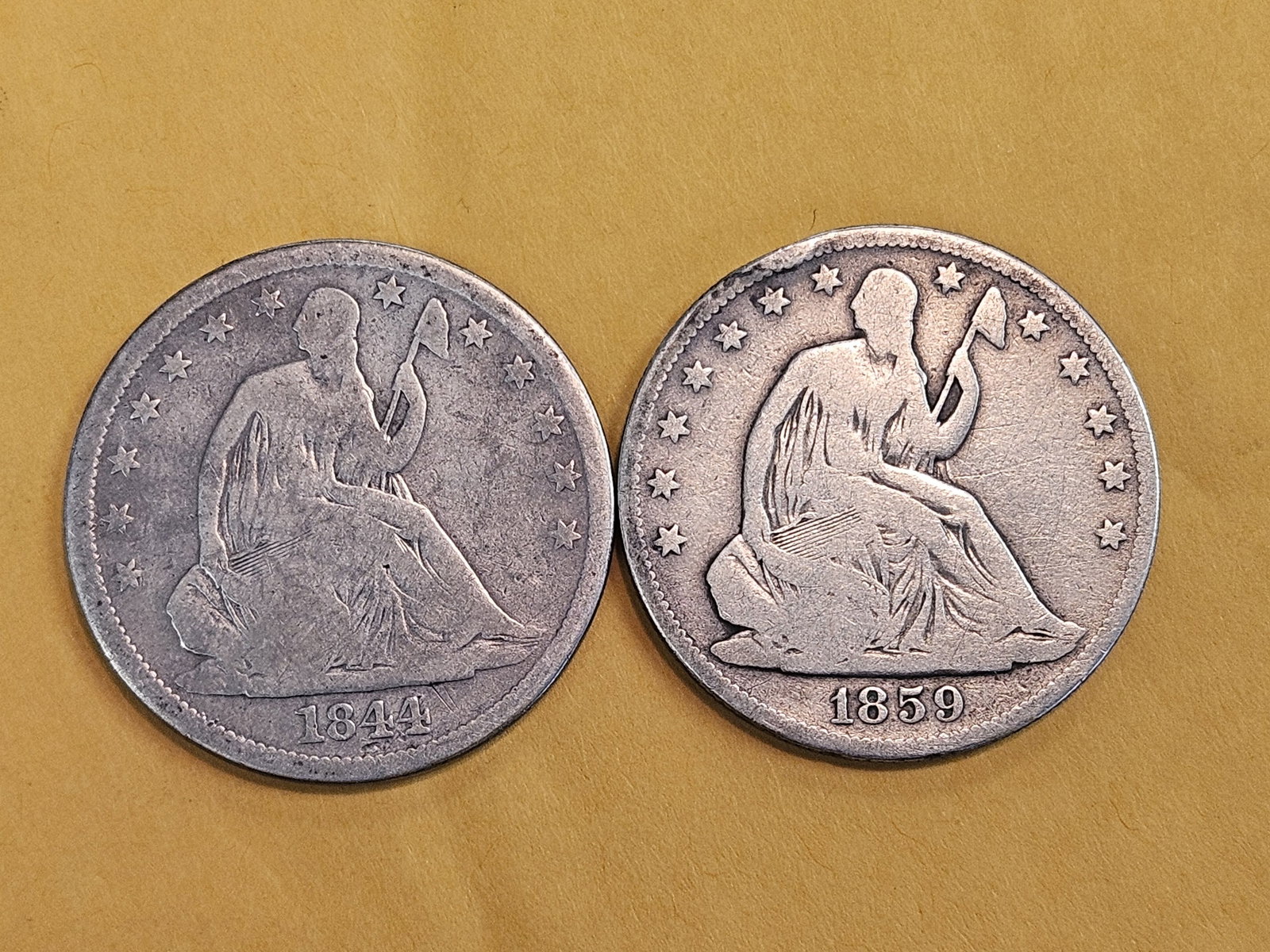 1844-O and 1859-O Seated Liberty silver halves: Both well circulated