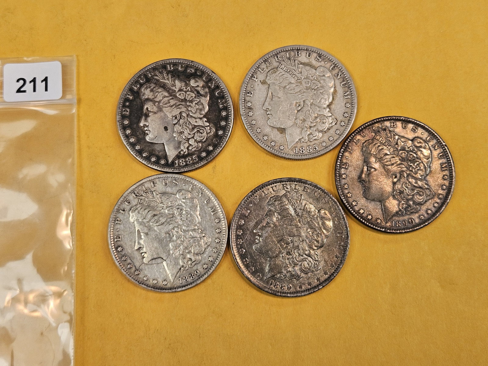 Five mixed Morgan Silver Dollars: Circulated 