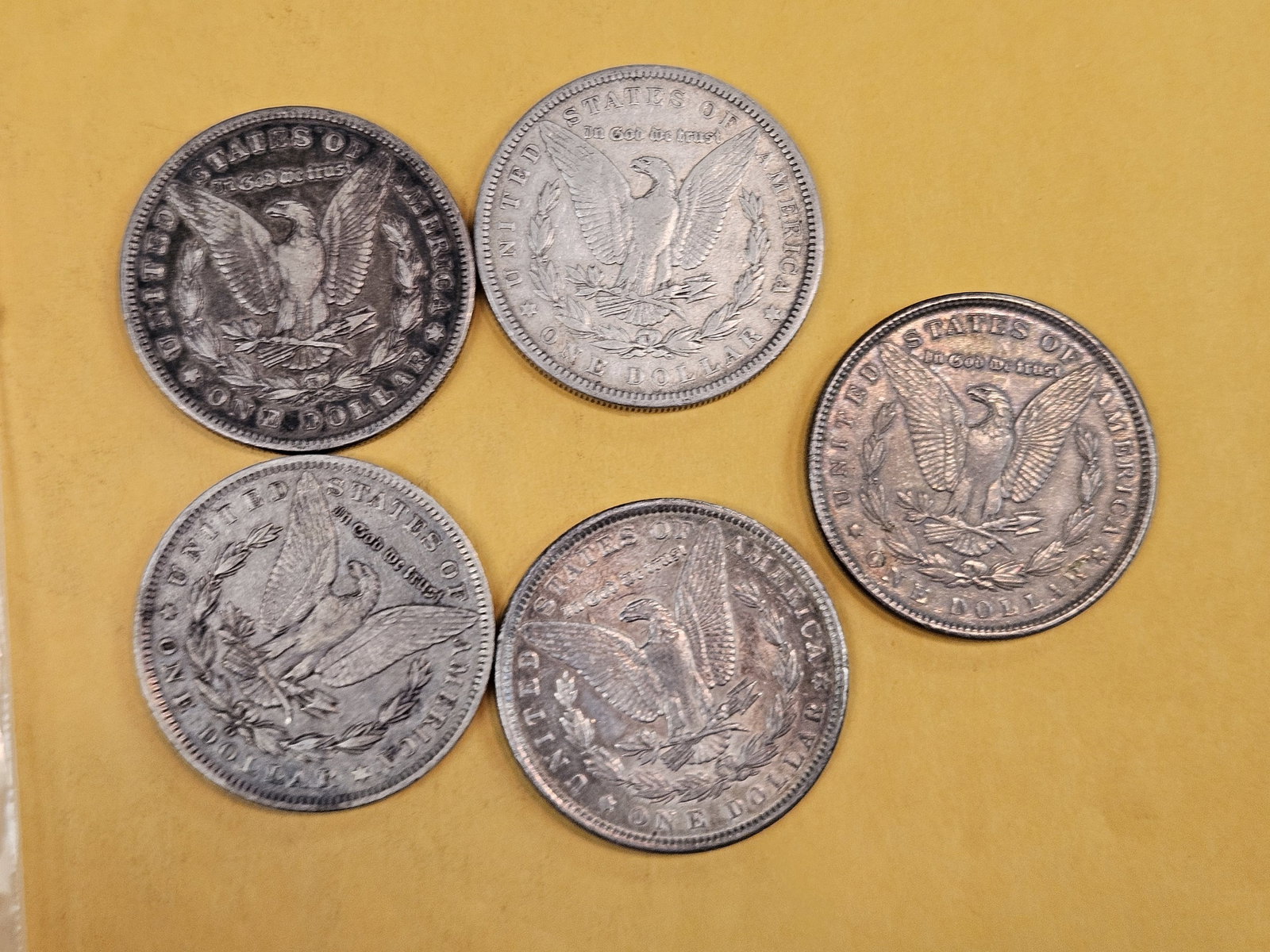 Five mixed Morgan Silver Dollars - 2