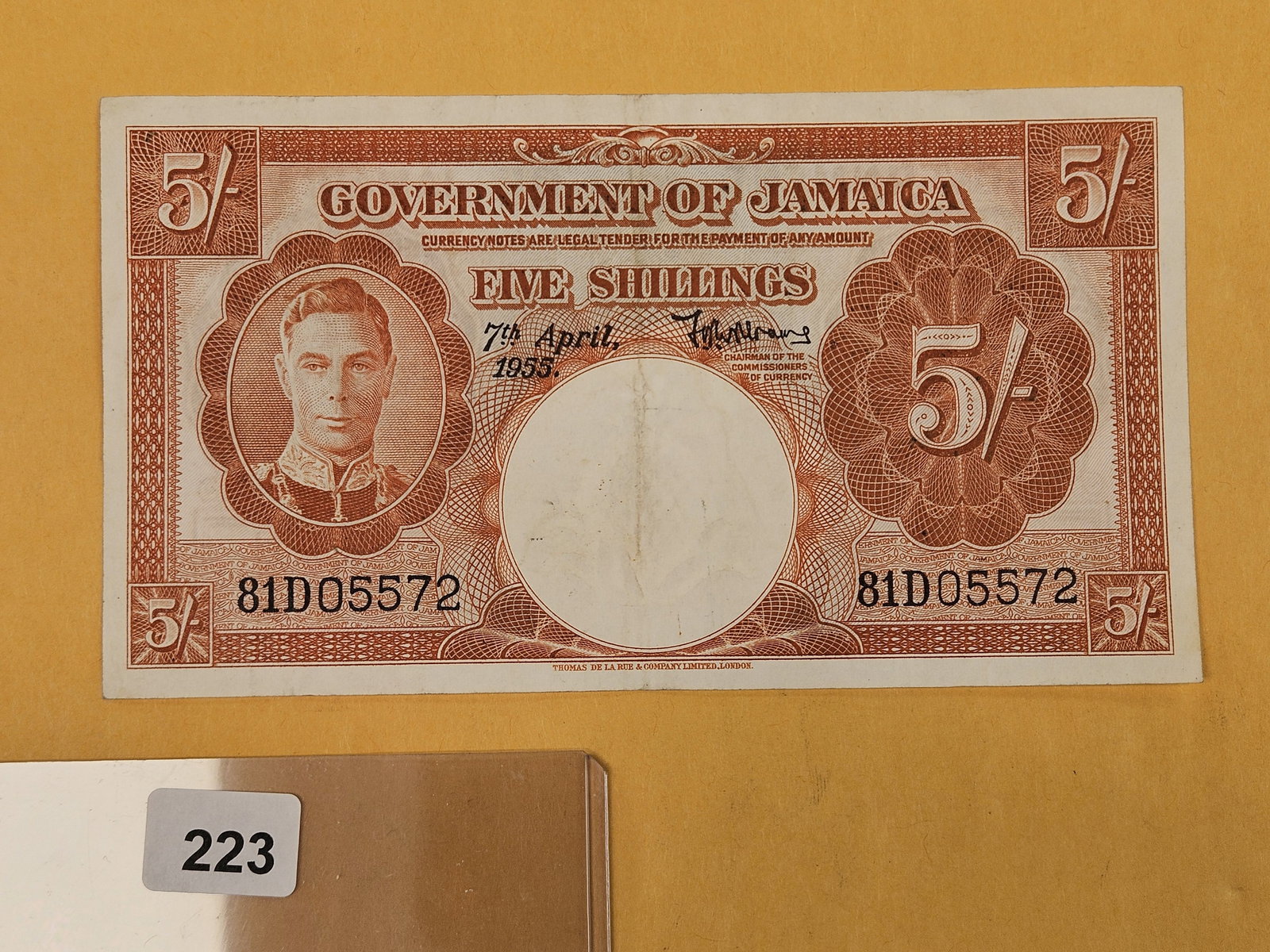 Sharp 1955 Government of Jamaica 5 shillings: Pick # 37 