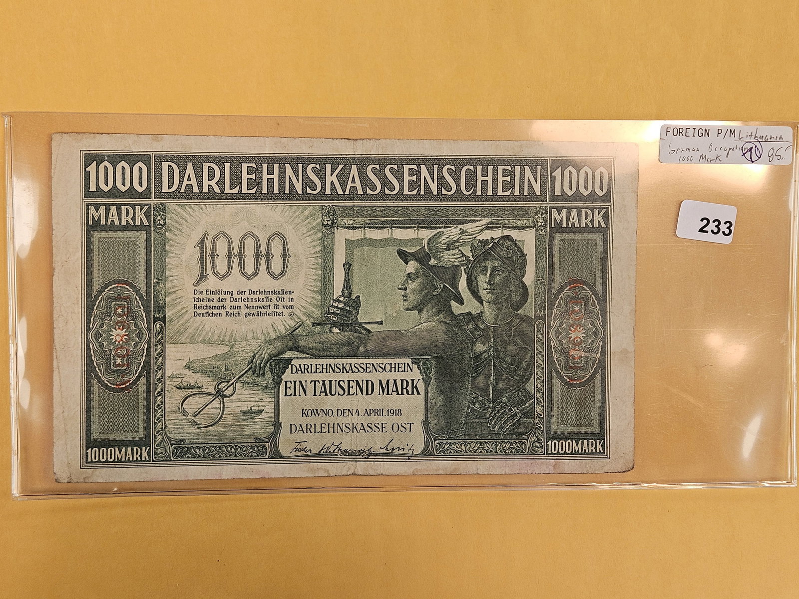 Lithuania German Occupation 1000 mark note: Large size. Circulated 