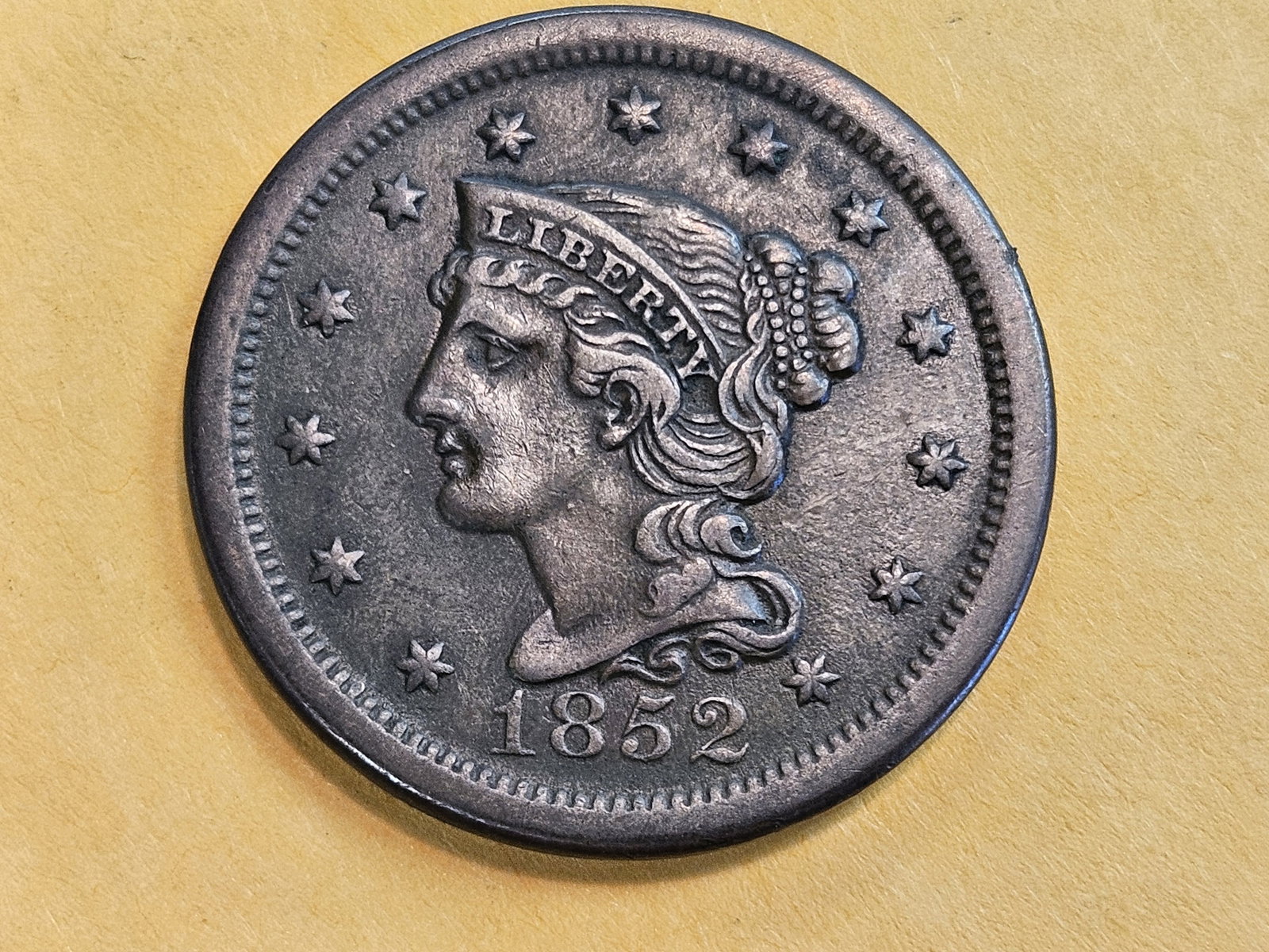 1852 Braided Hair Large cent in About Uncirculated - 50 (1 of 5)