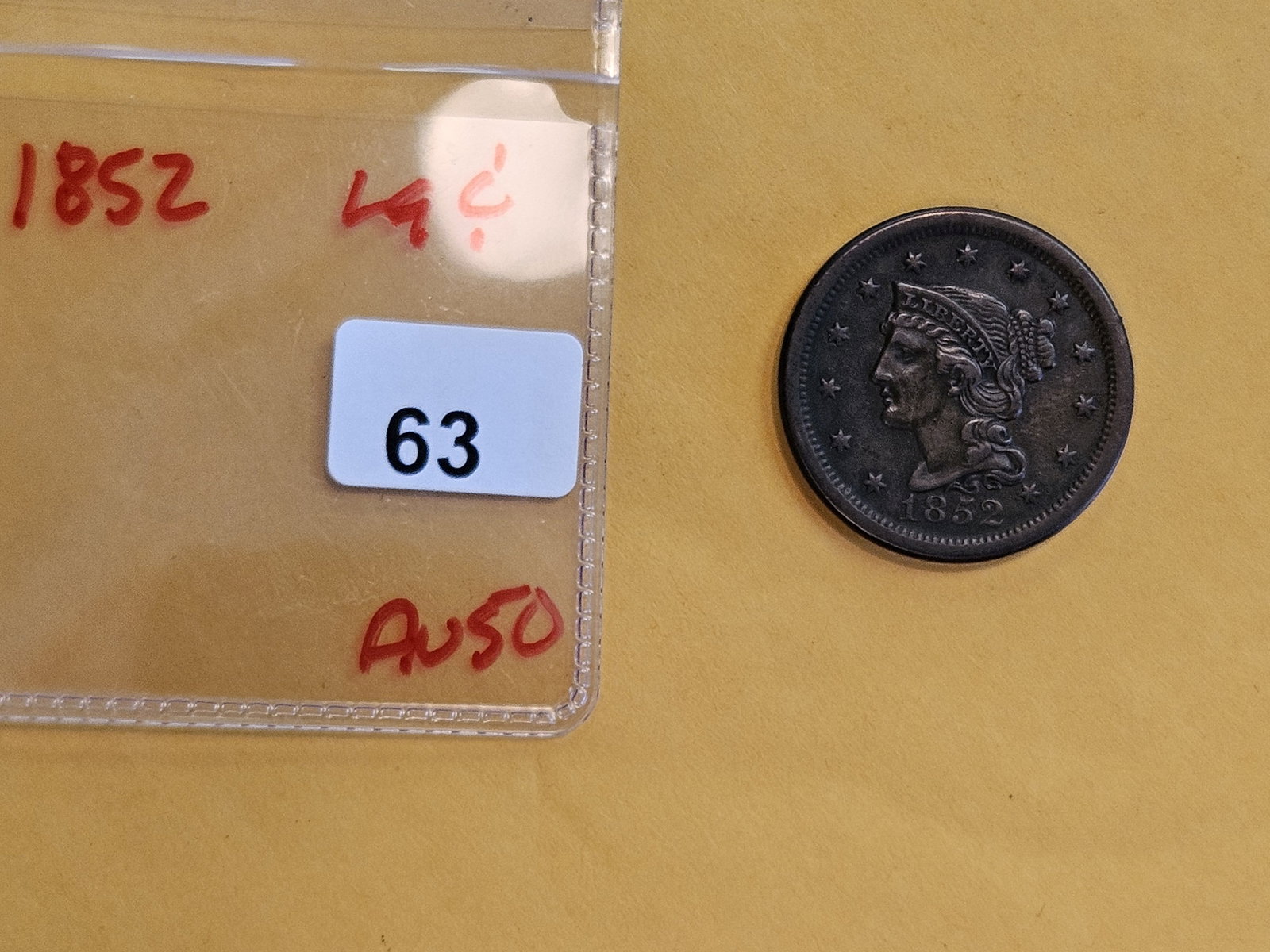 1852 Braided Hair Large cent in About Uncirculated - 50 - 2