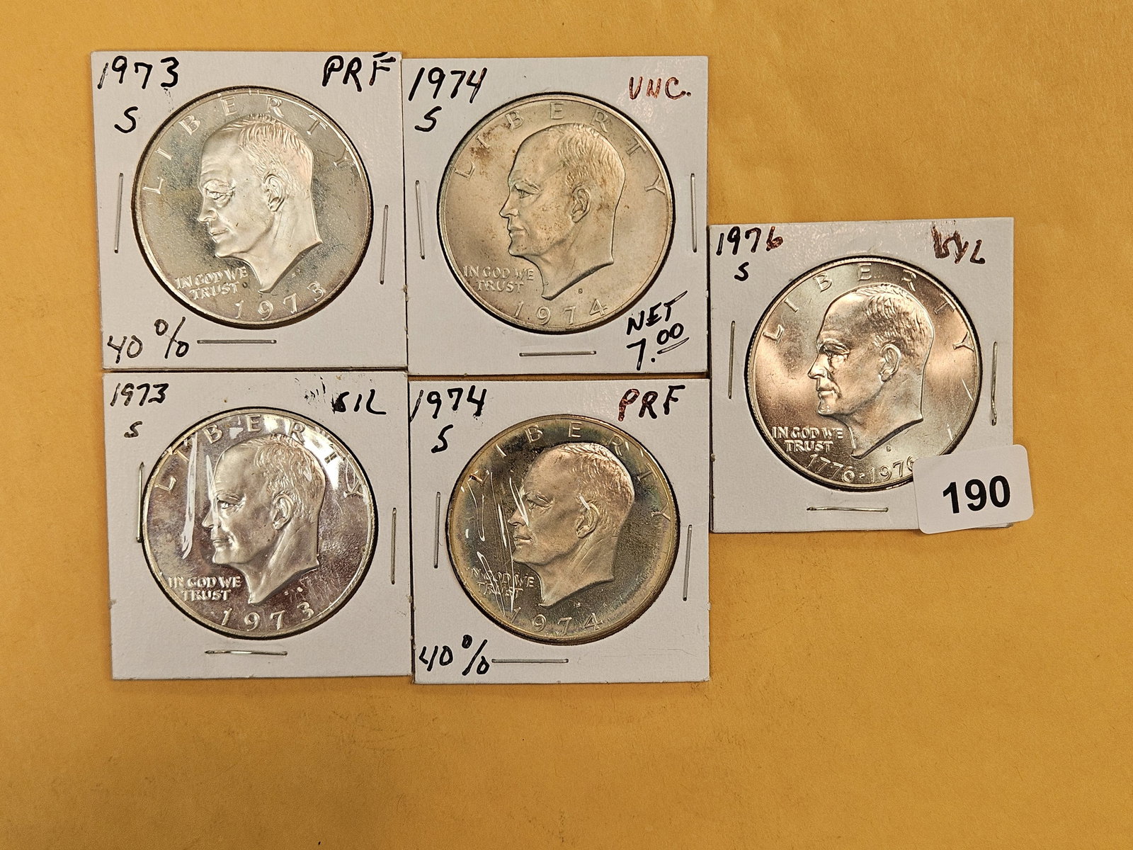 Five mixed Silver Eisenhower Dollars: Proof and Business strike 