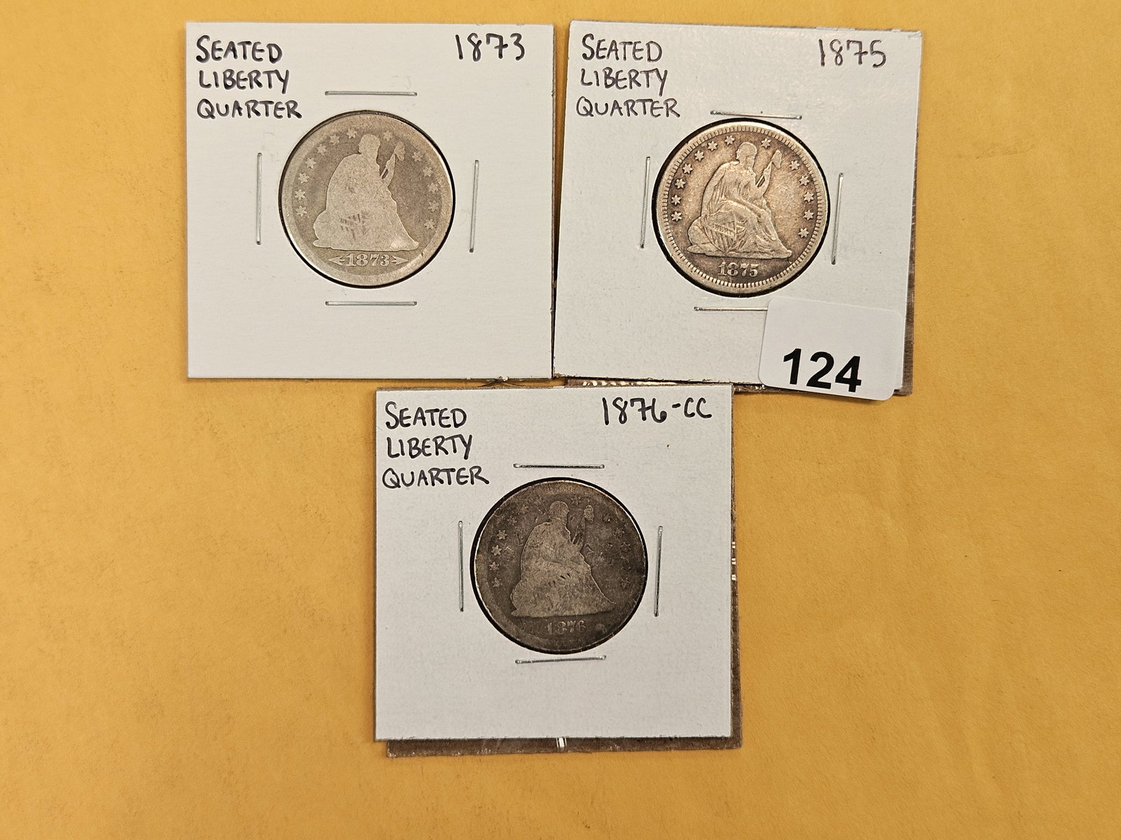 Three Seated Liberty silver Quarters: 1873, 1875 and 1876-CC Carson City! 